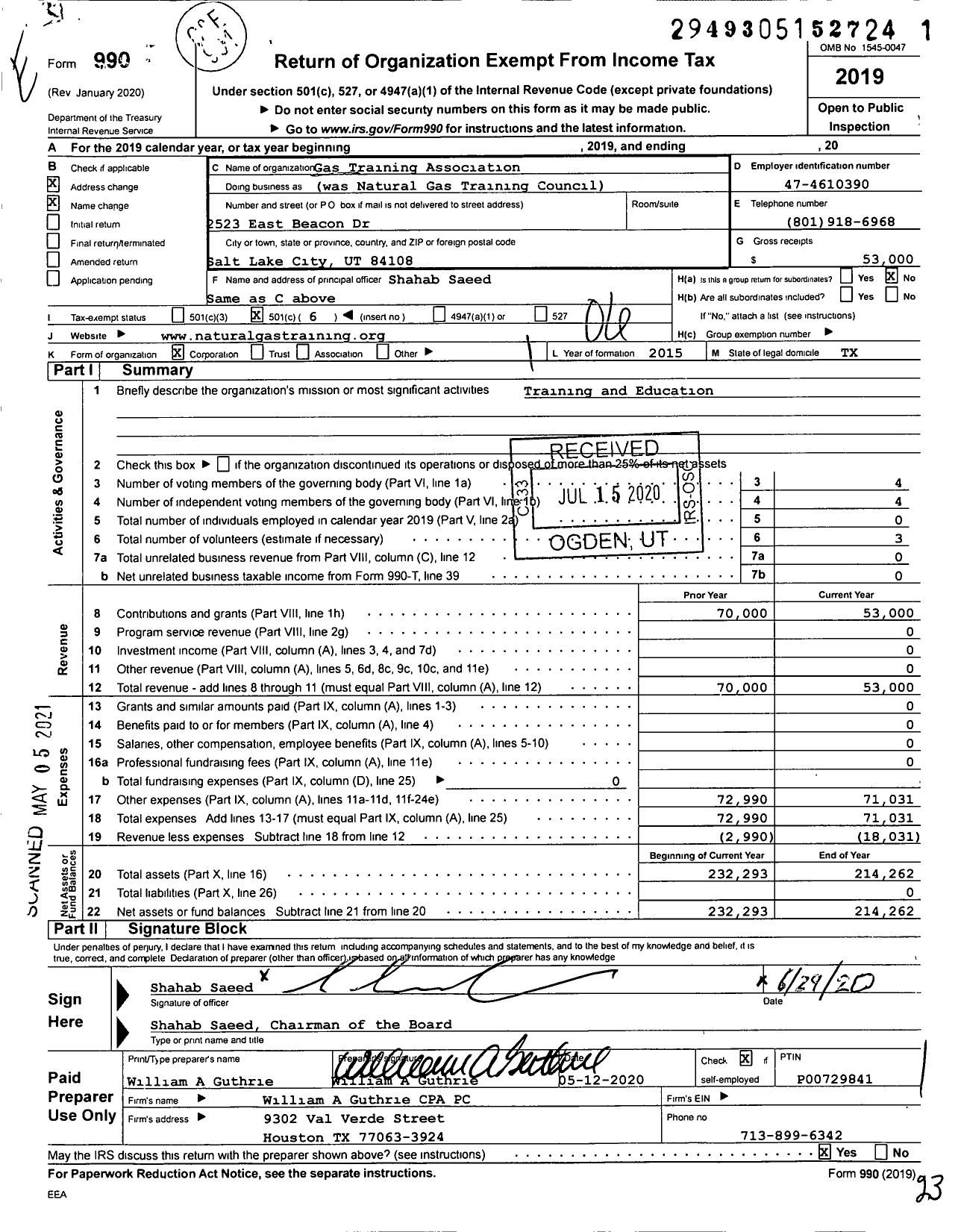 Image of first page of 2019 Form 990O for Gas Training Association