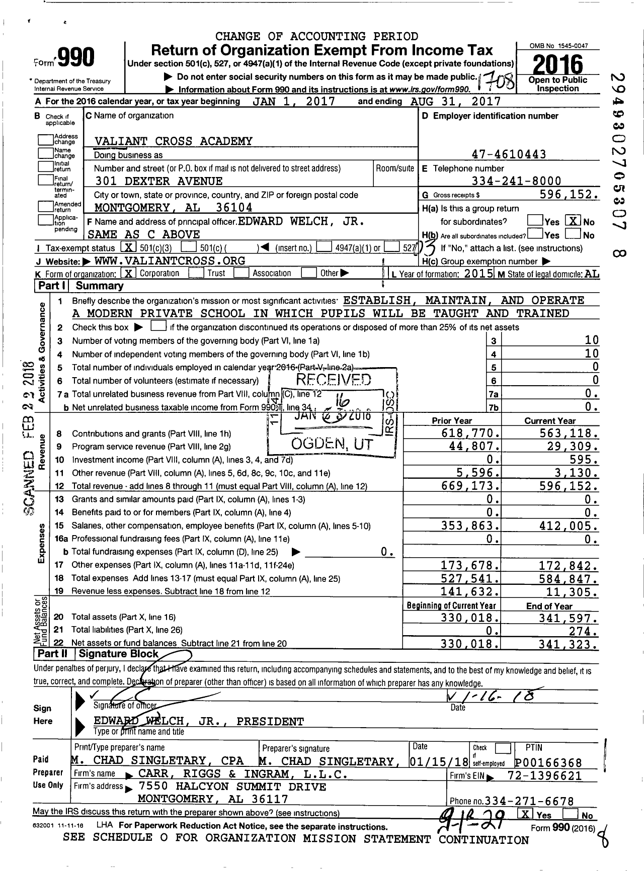 Image of first page of 2016 Form 990 for Valiant Cross Academy