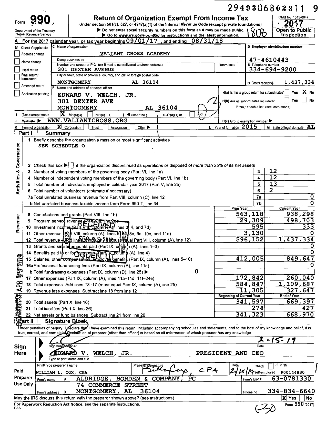 Image of first page of 2017 Form 990 for Valiant Cross Academy