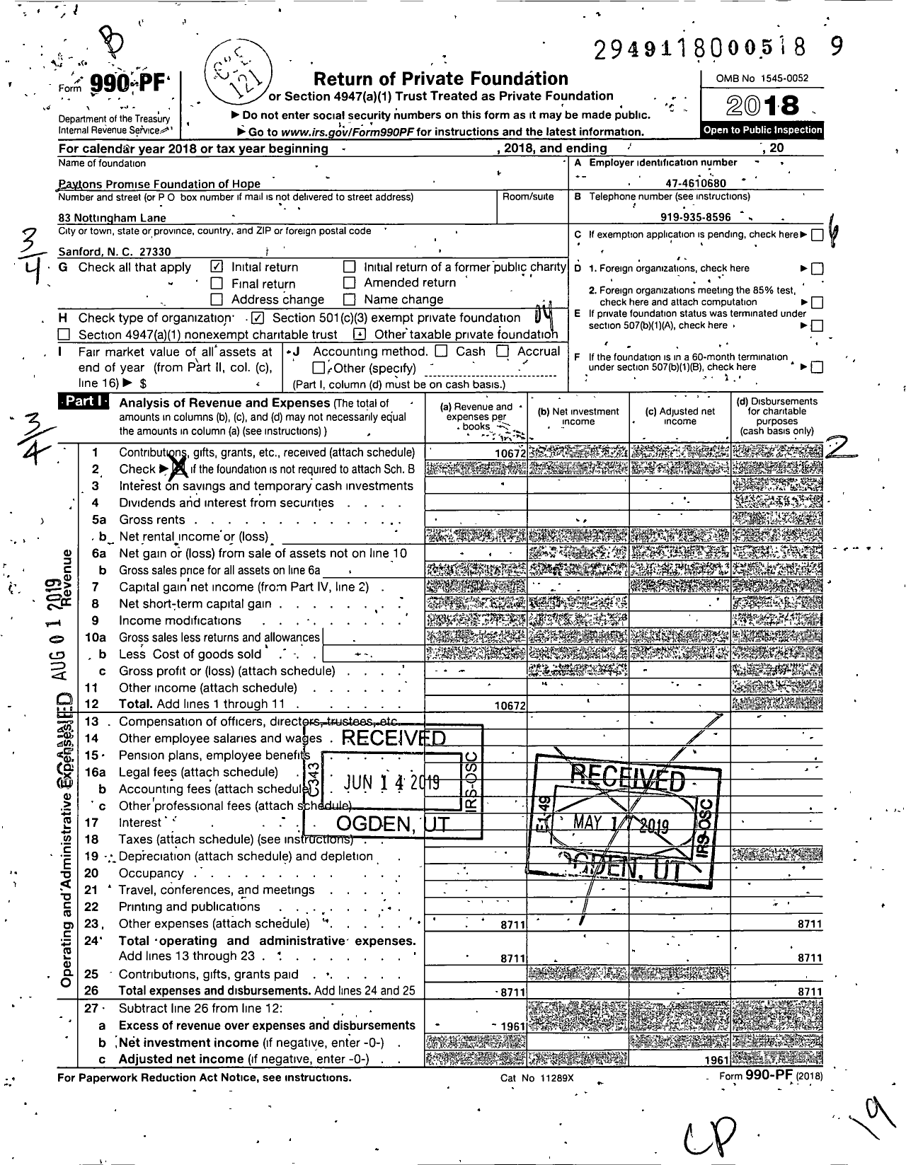 Image of first page of 2018 Form 990PF for Payton's Promise Foundation of Hope 83 Nottingham Lane