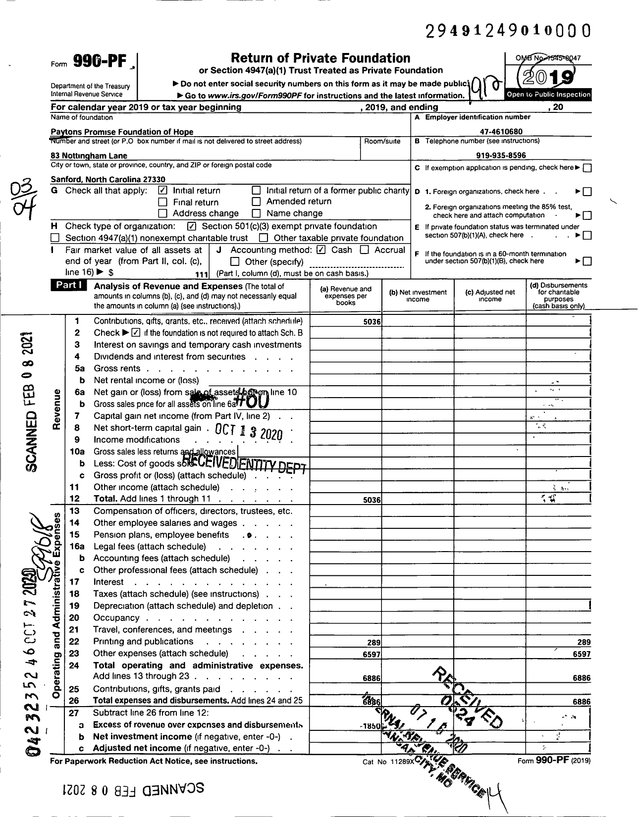 Image of first page of 2019 Form 990PF for Payton's Promise Foundation of Hope 83 Nottingham Lane