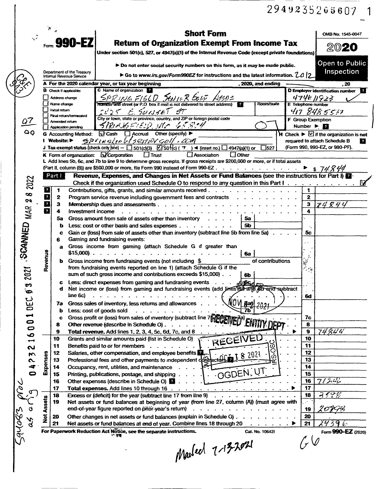 Image of first page of 2020 Form 990EO for Springfield Senior Golf Association