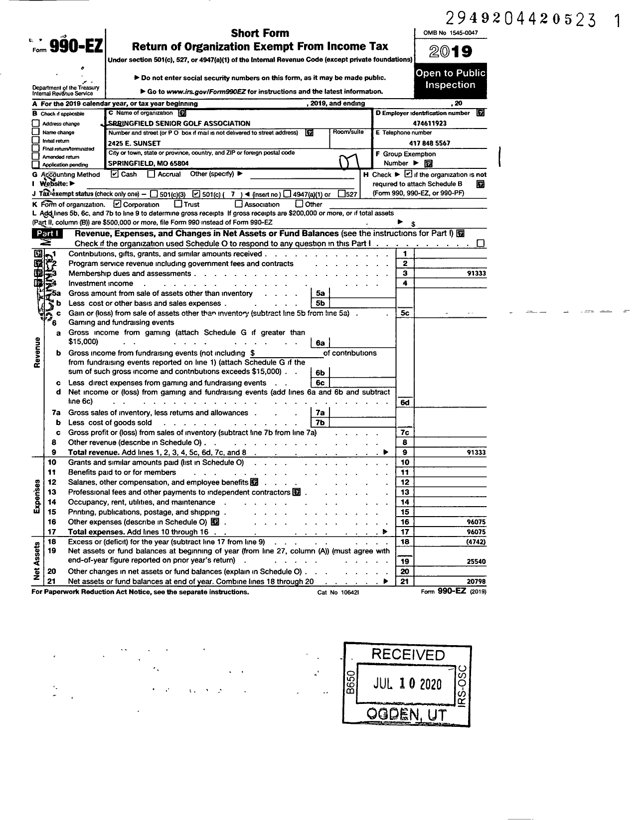 Image of first page of 2019 Form 990EO for Springfield Senior Golf Association