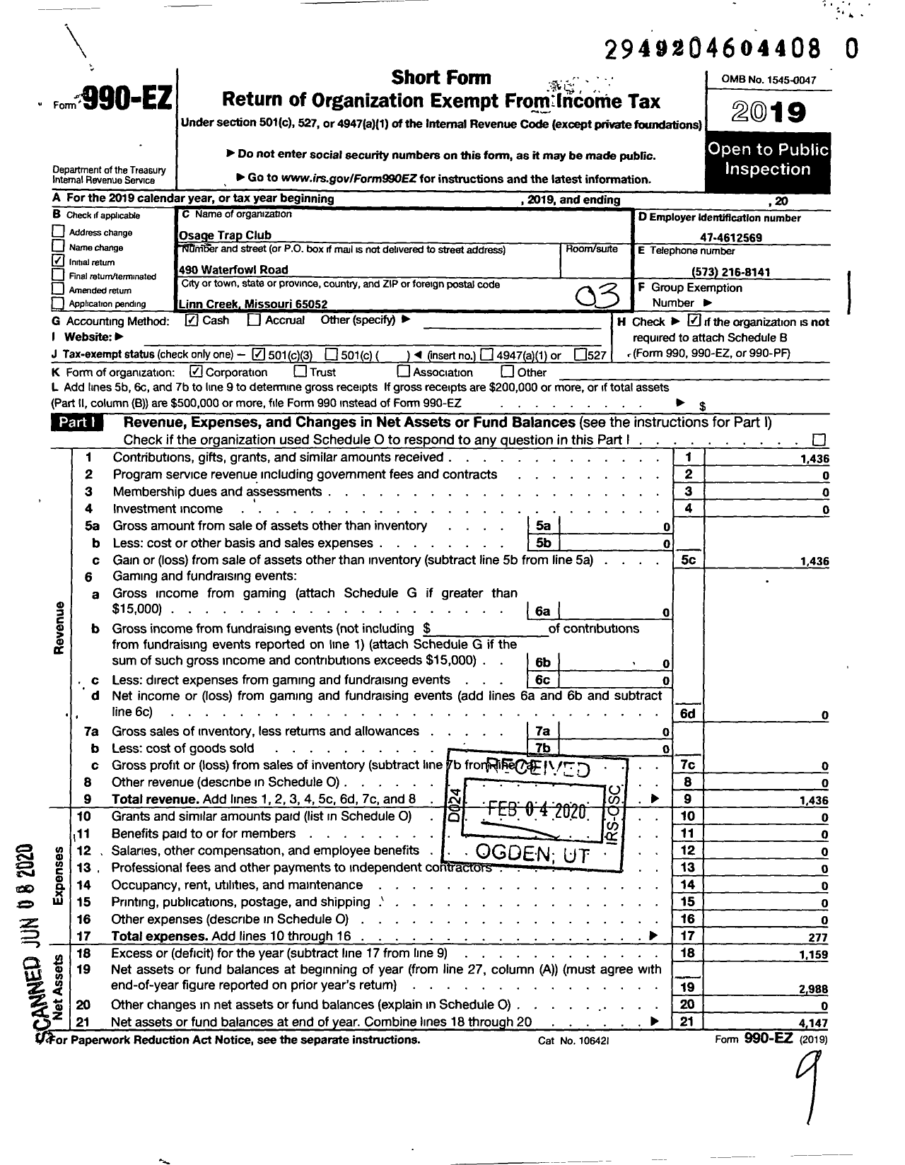 Image of first page of 2019 Form 990EZ for Osage Trap Club