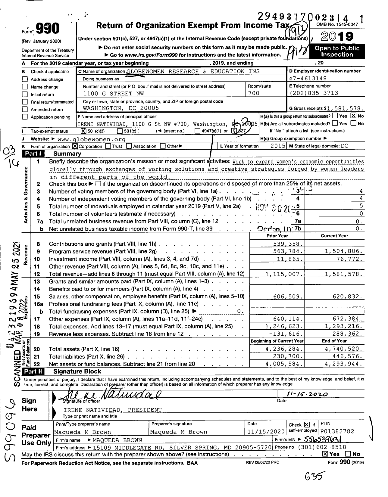 Image of first page of 2019 Form 990 for Globewomen Research and Education Institute