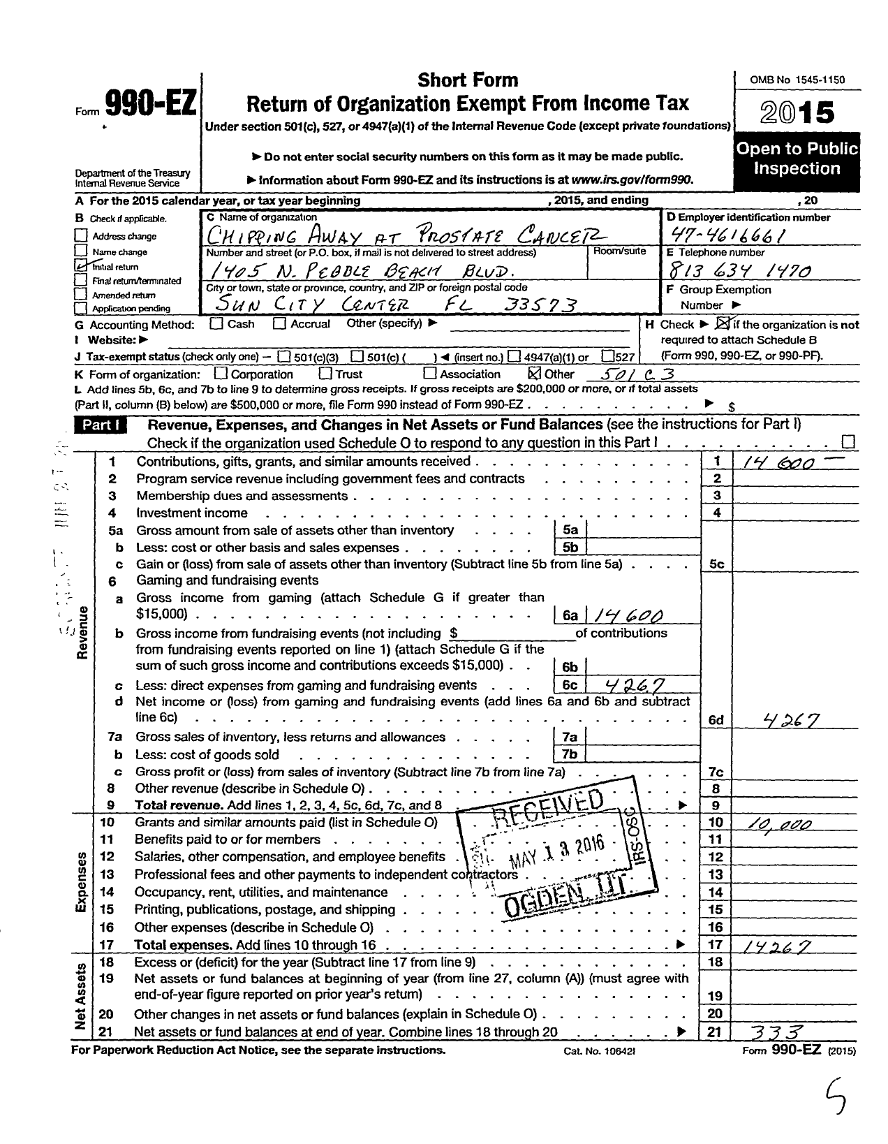 Image of first page of 2015 Form 990EO for Chipping Away at Prostate Cancer