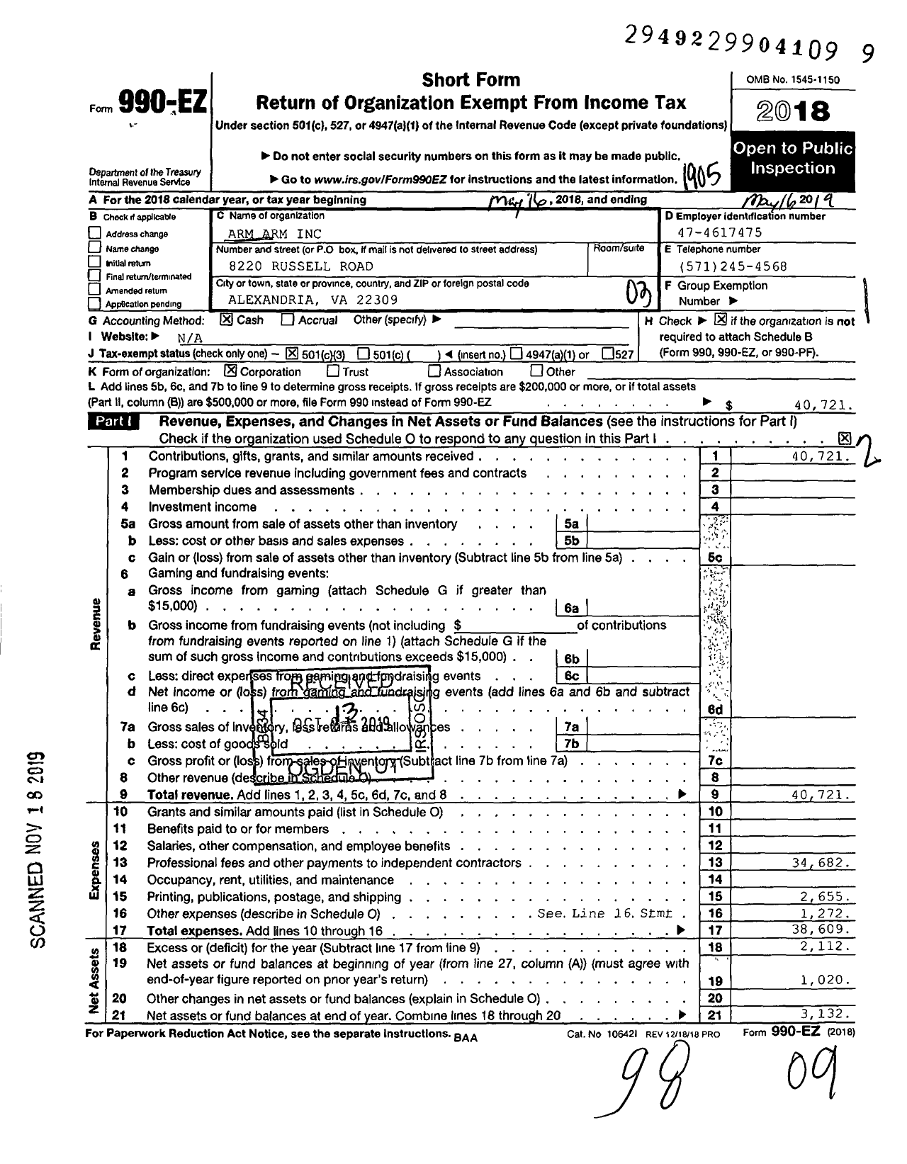 Image of first page of 2018 Form 990EZ for Arm Arm