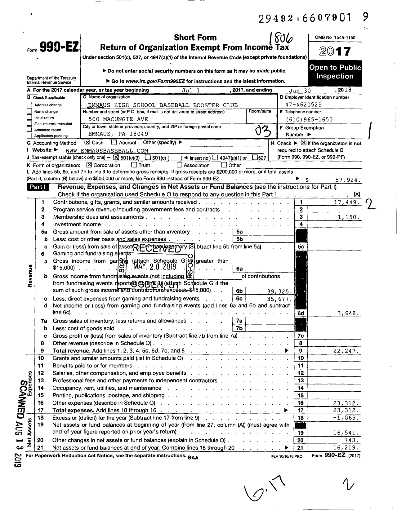 Image of first page of 2017 Form 990EZ for Emmaus High School Baseball Booster Club