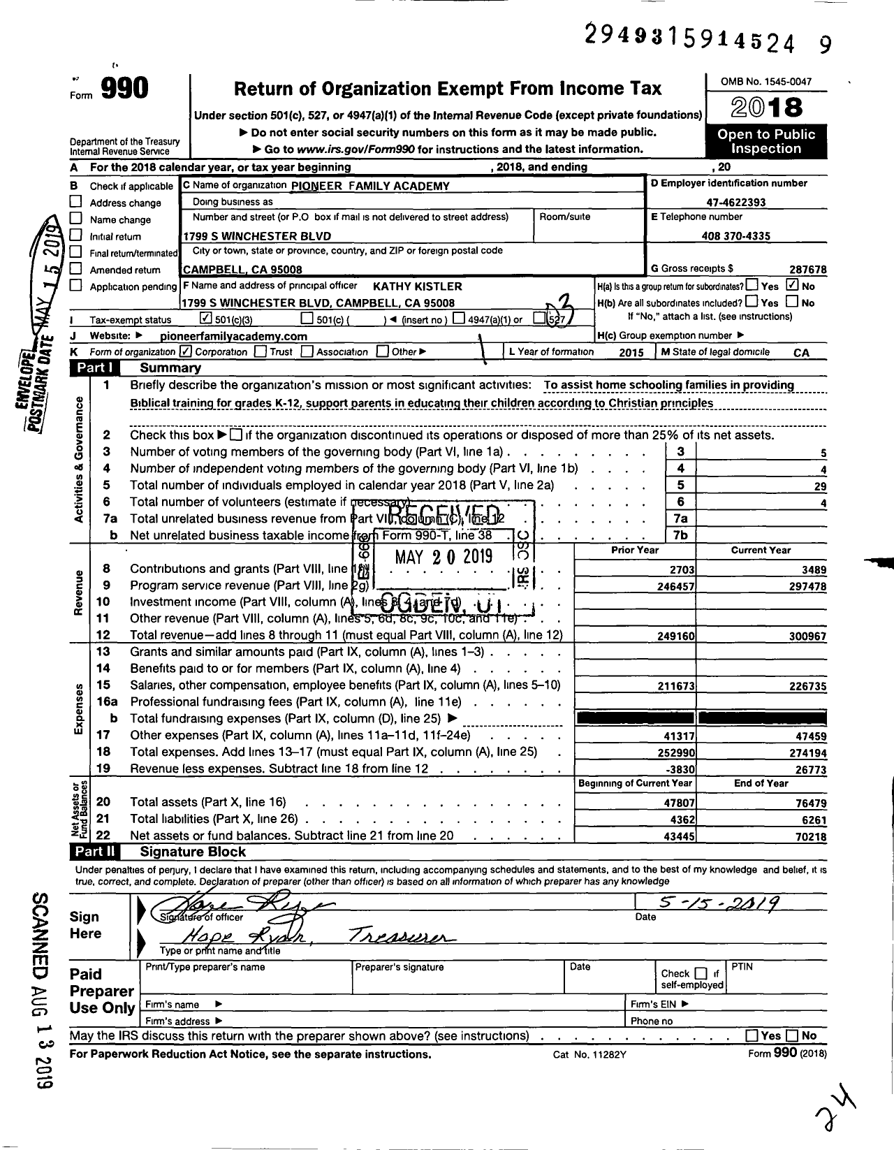 Image of first page of 2018 Form 990 for Pioneer Family Academy