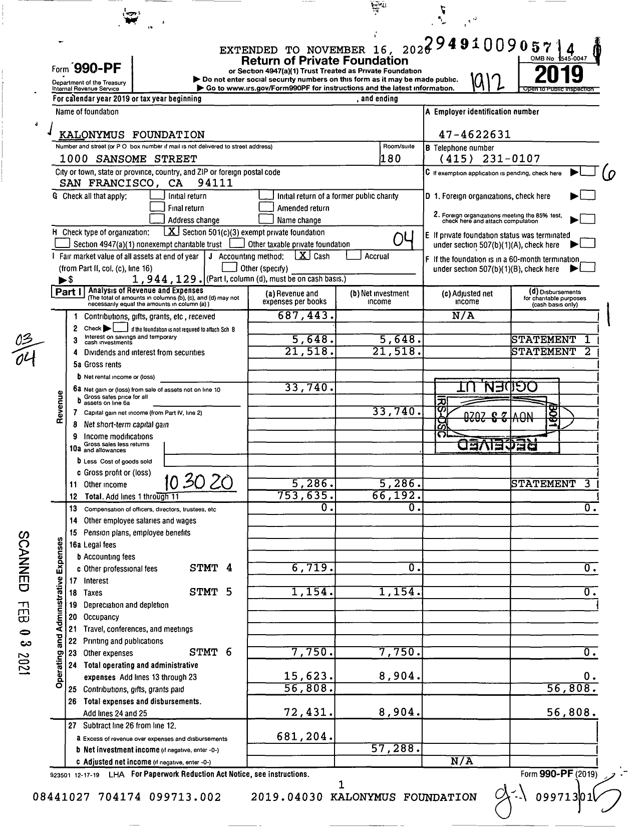 Image of first page of 2019 Form 990PF for Kalonymus Foundation