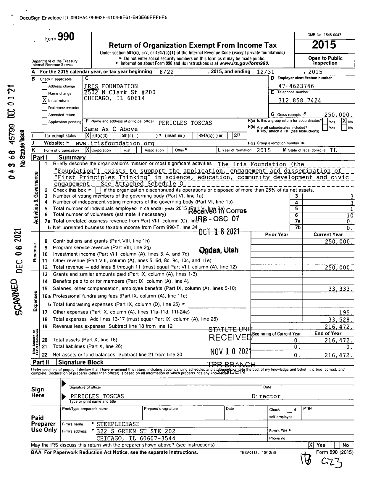 Image of first page of 2015 Form 990 for Iris Foundation