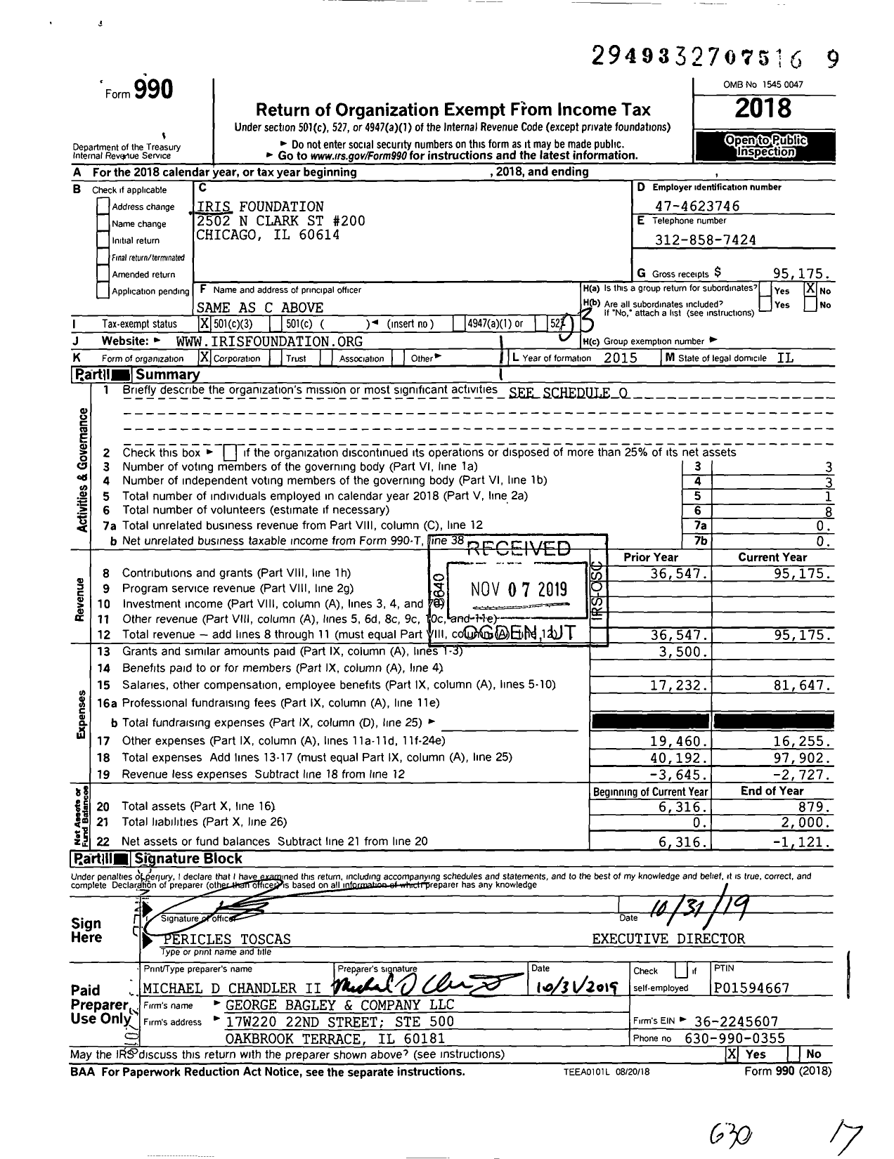 Image of first page of 2018 Form 990 for Iris Foundation