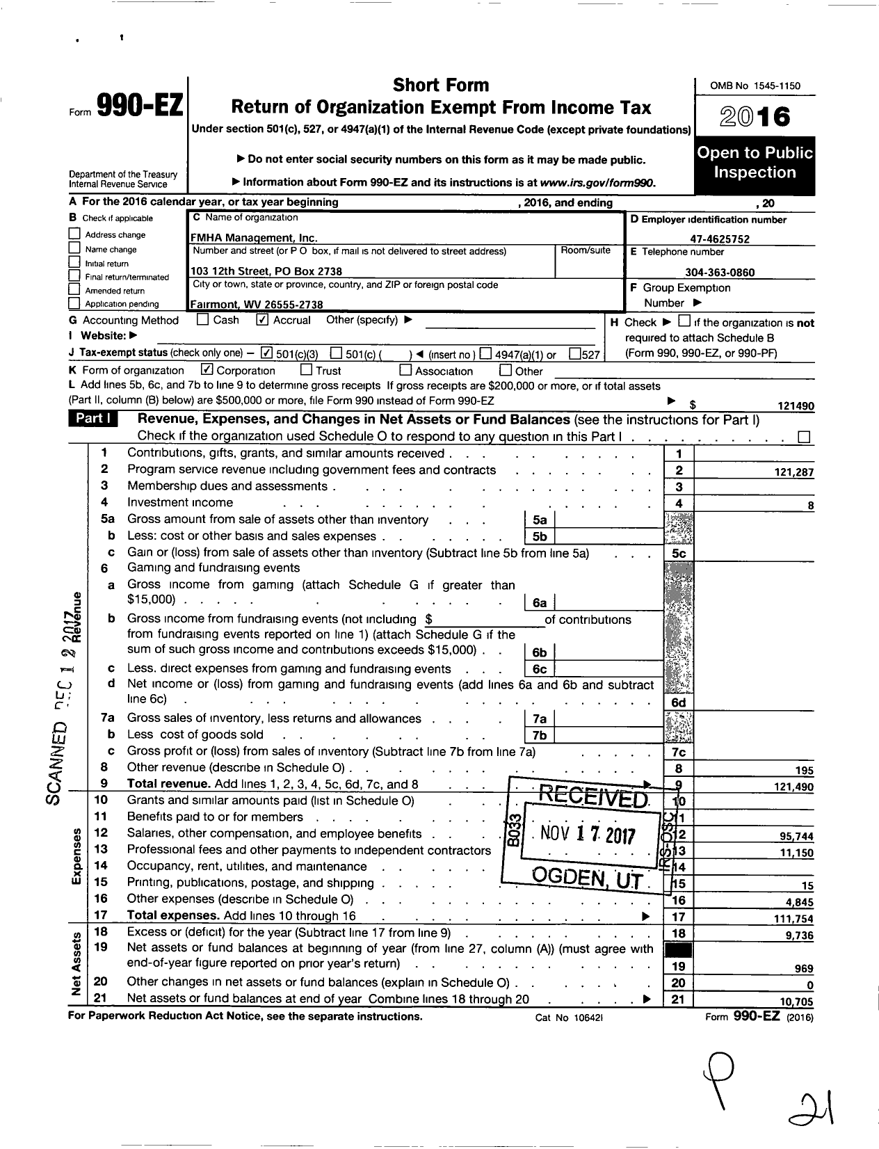 Image of first page of 2016 Form 990EZ for Fmha Management
