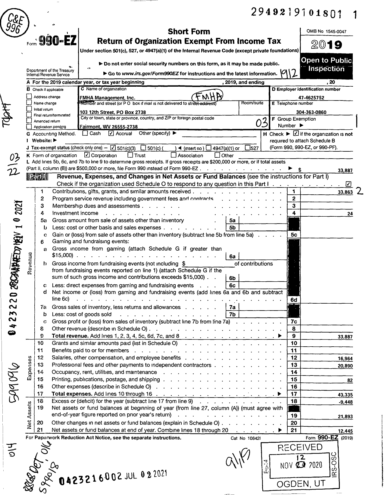 Image of first page of 2019 Form 990EZ for Fmha Management