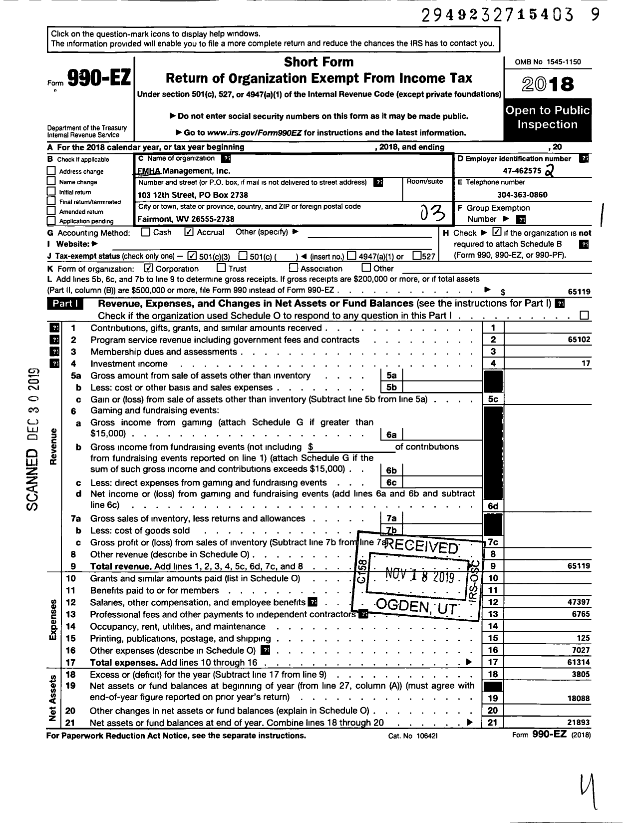 Image of first page of 2018 Form 990EZ for Fmha Management