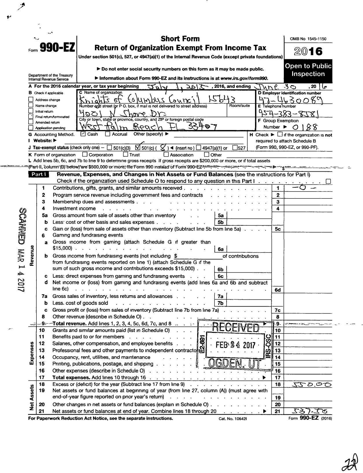 Image of first page of 2015 Form 990EO for Knights of Columbus - 15643 Saint John Fisher Council