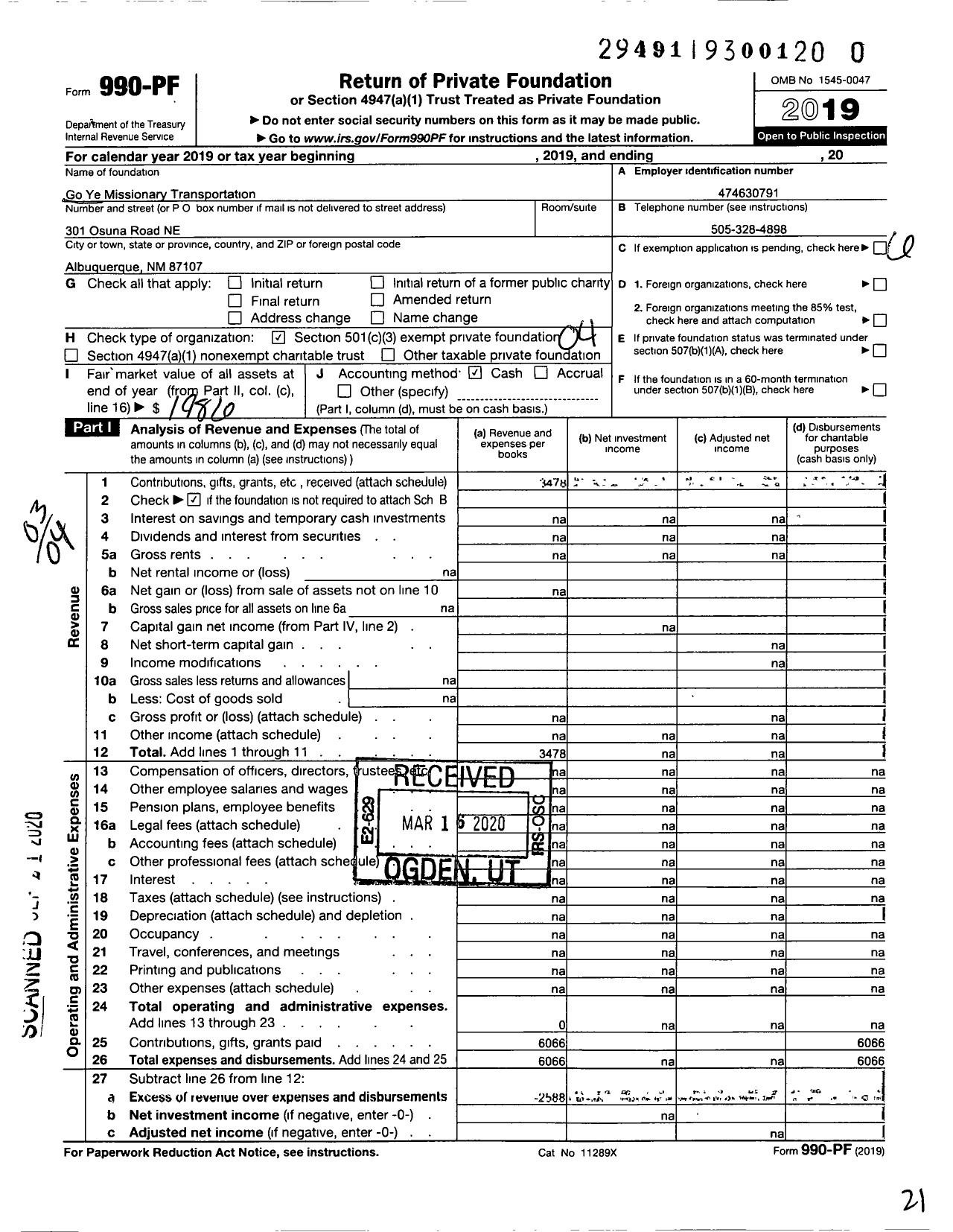 Image of first page of 2019 Form 990PR for Go Ye Missionary Transportation