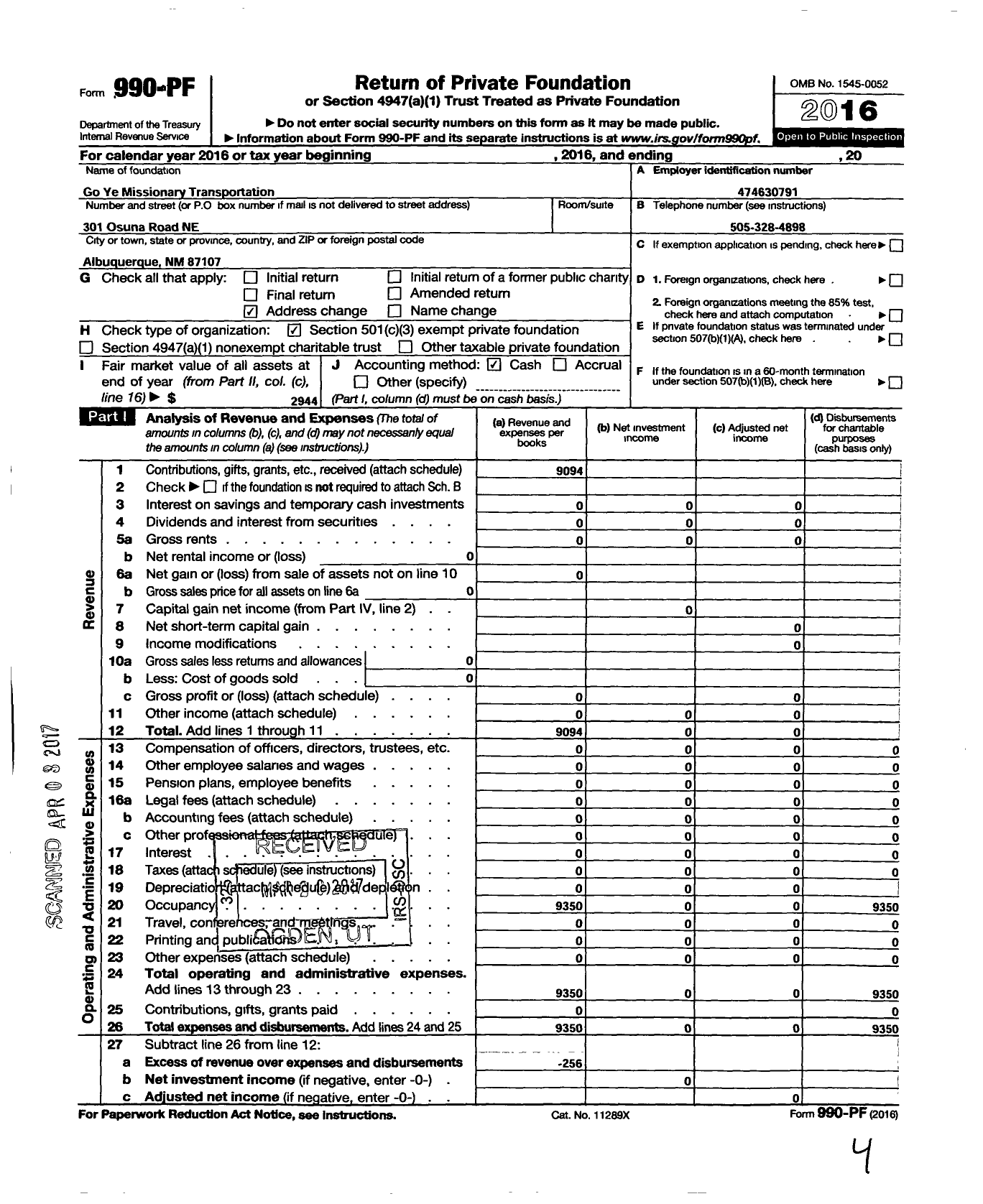Image of first page of 2016 Form 990PF for Go Ye Missionary Transportation