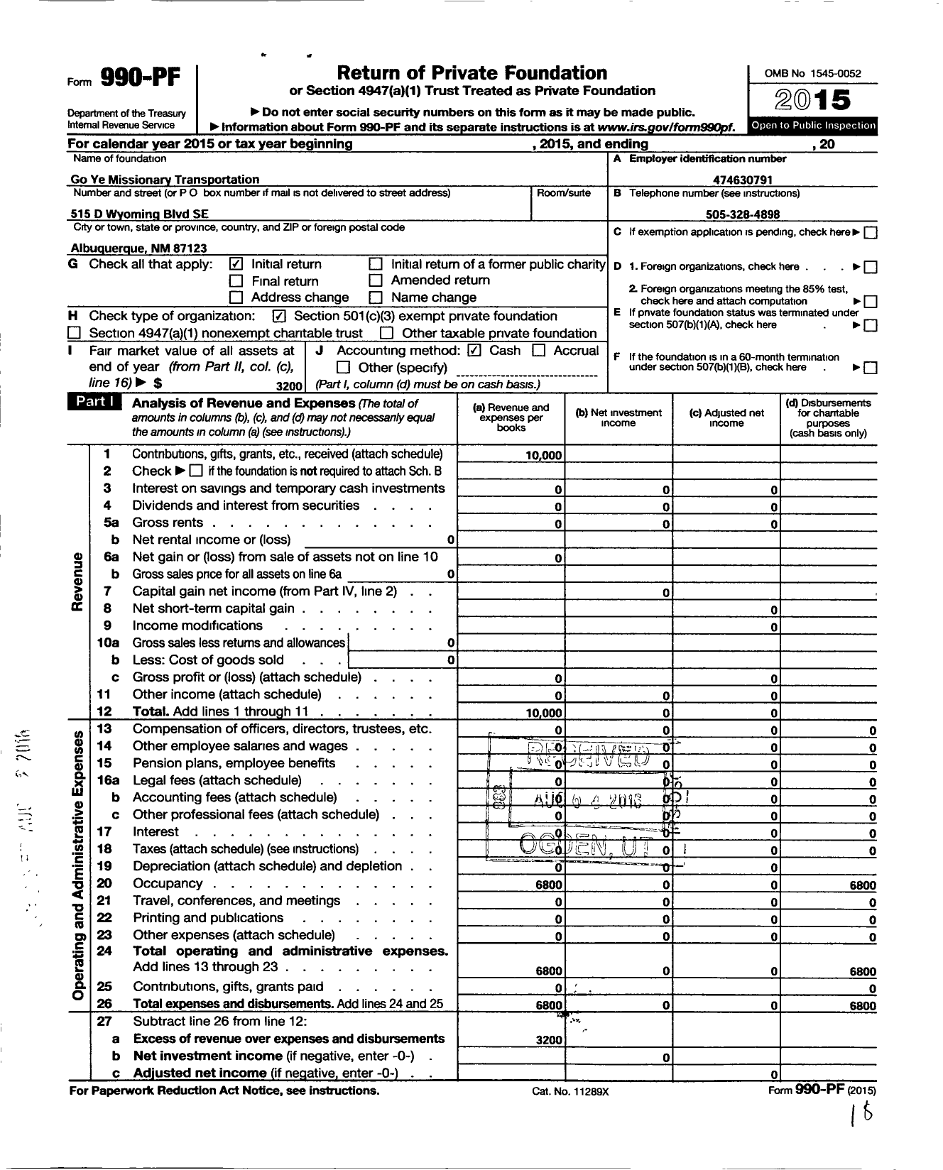 Image of first page of 2015 Form 990PF for Go Ye Missionary Transportation