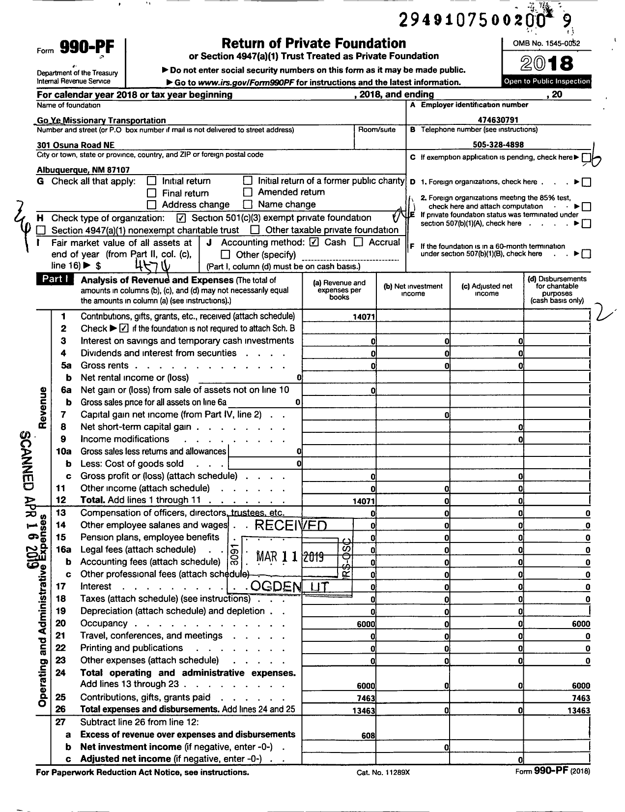 Image of first page of 2018 Form 990PF for Go Ye Missionary Transportation