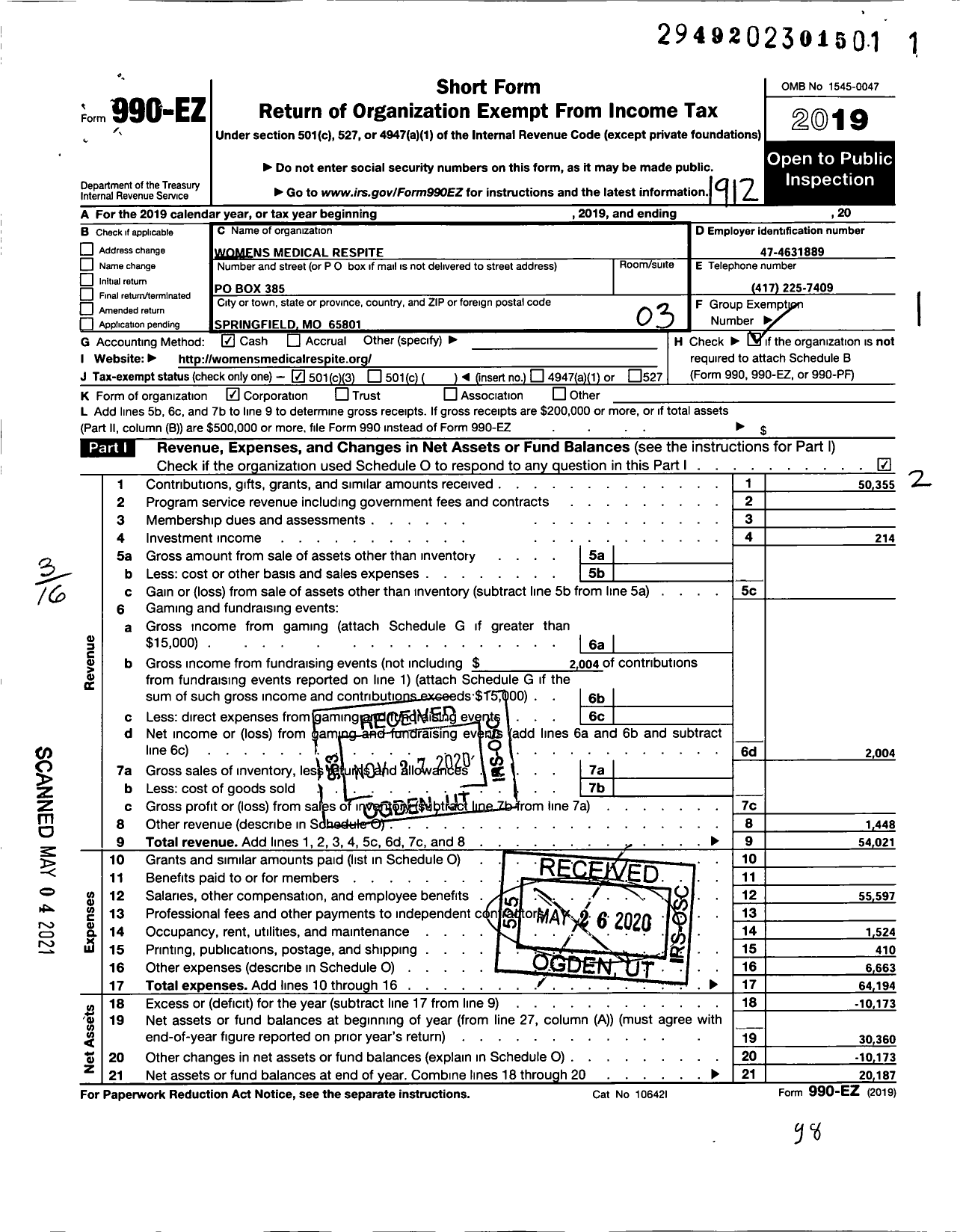 Image of first page of 2019 Form 990EZ for Women's Medical Respite