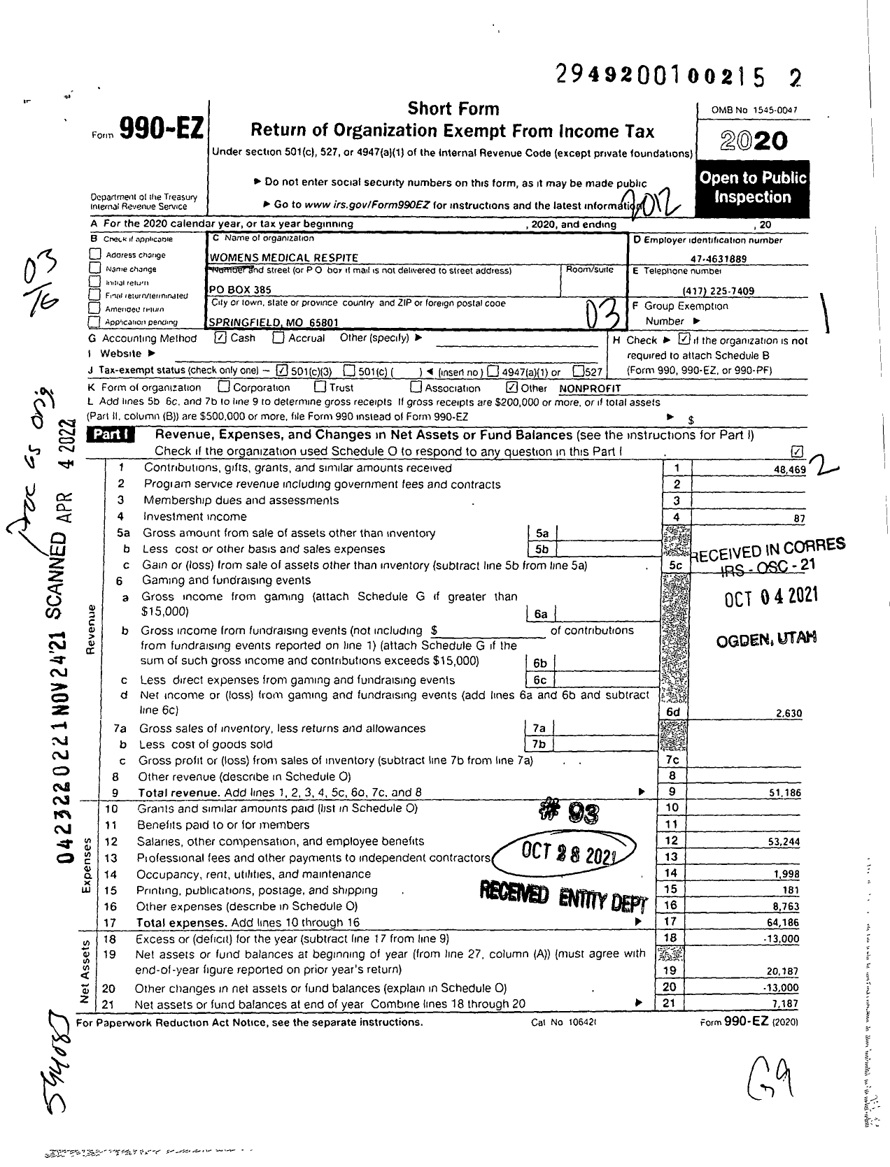 Image of first page of 2020 Form 990EZ for Women's Medical Respite