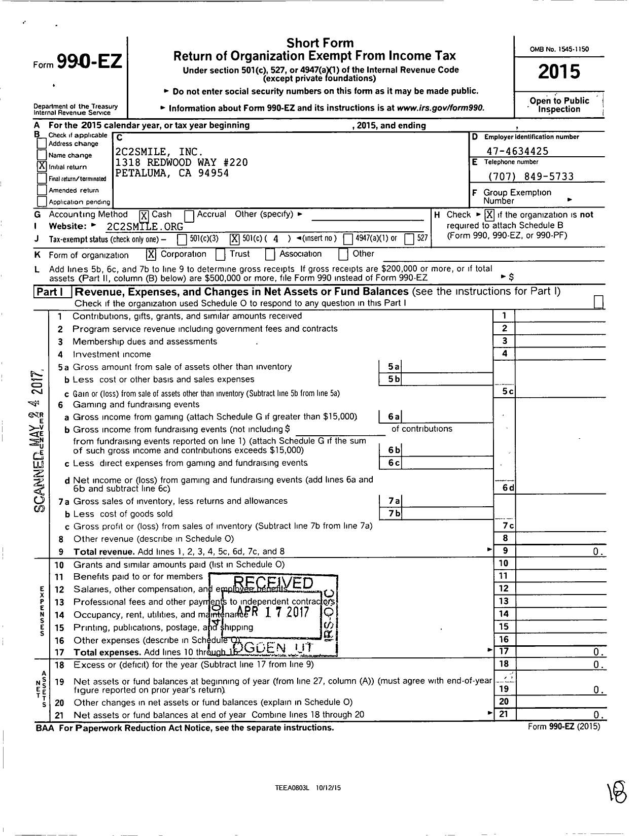 Image of first page of 2015 Form 990EO for 2c2smile