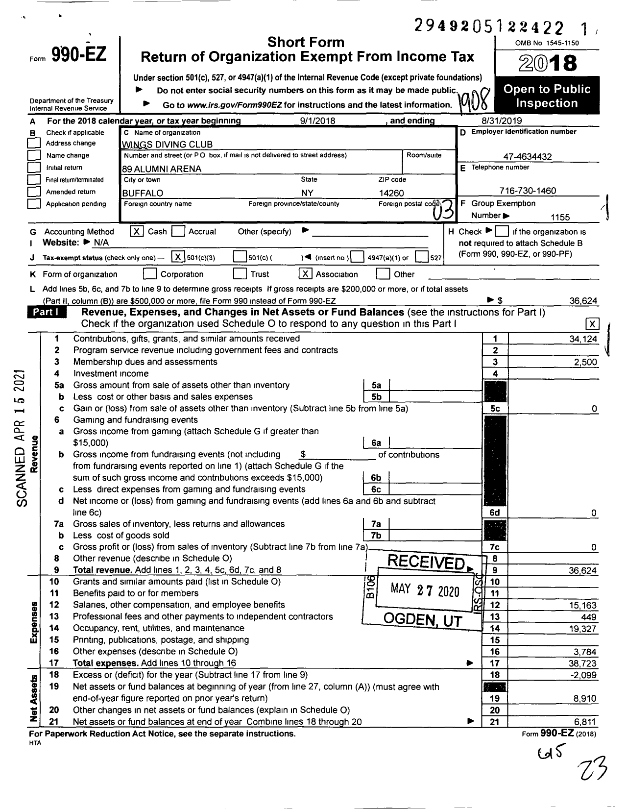 Image of first page of 2018 Form 990EZ for Amateur Athletic Union - Wings Diving Club