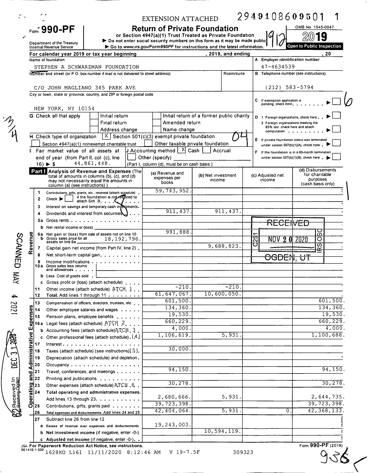 Image of first page of 2019 Form 990PF for Stephen A Schwarzman Foundation