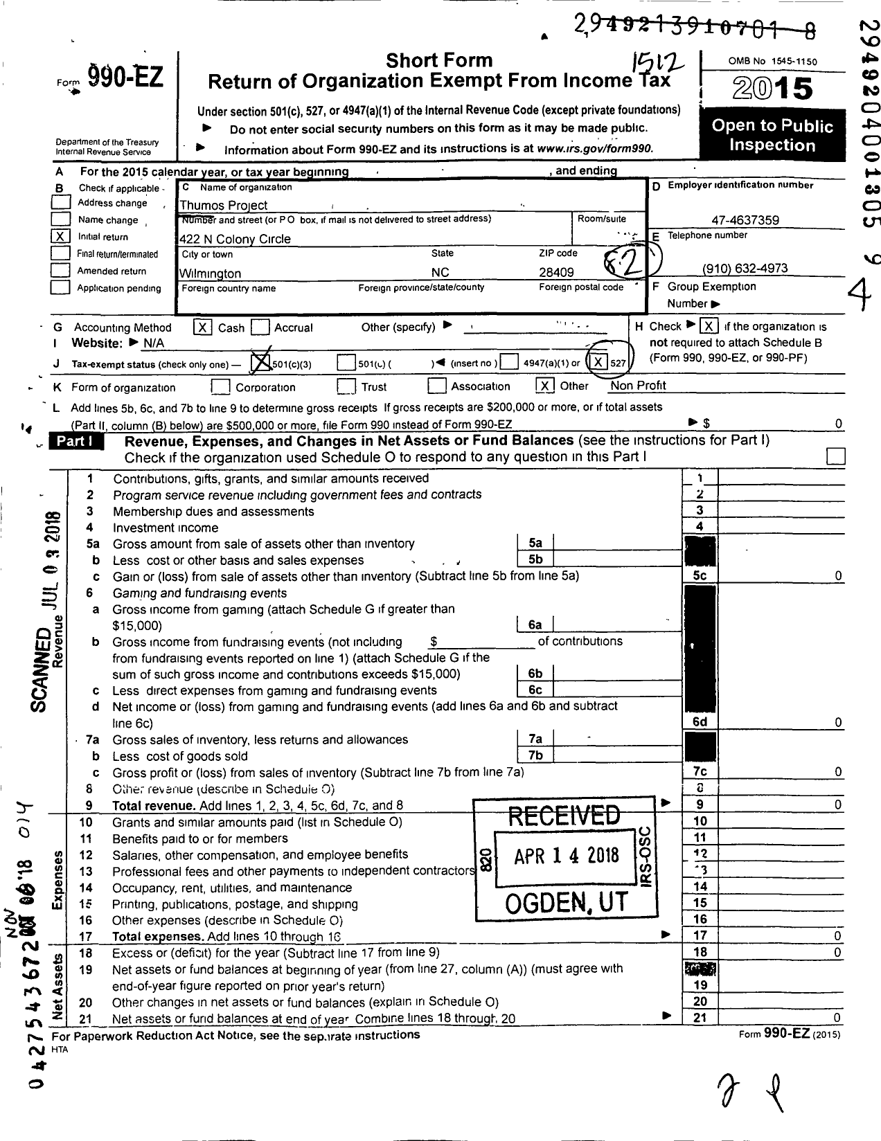 Image of first page of 2015 Form 990EZ for Thumos Project