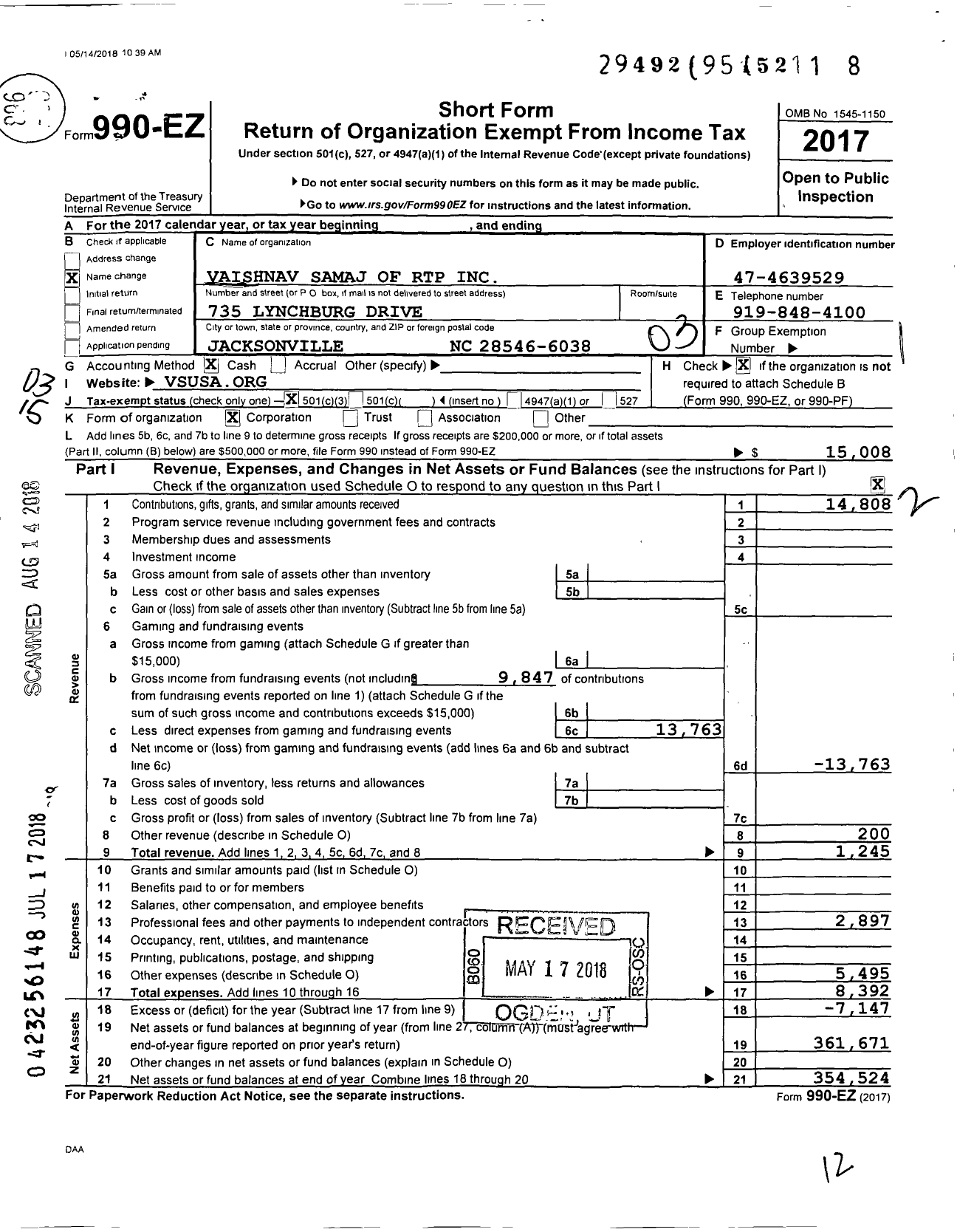 Image of first page of 2017 Form 990EZ for Krishnadham USA