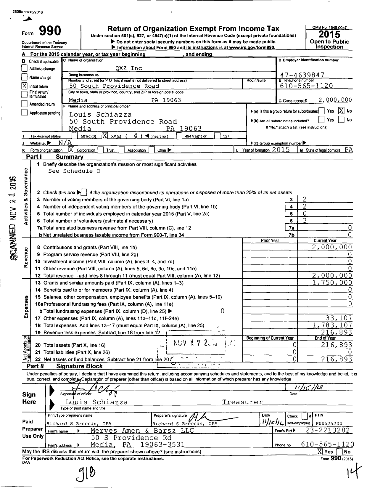 Image of first page of 2015 Form 990O for QXZ