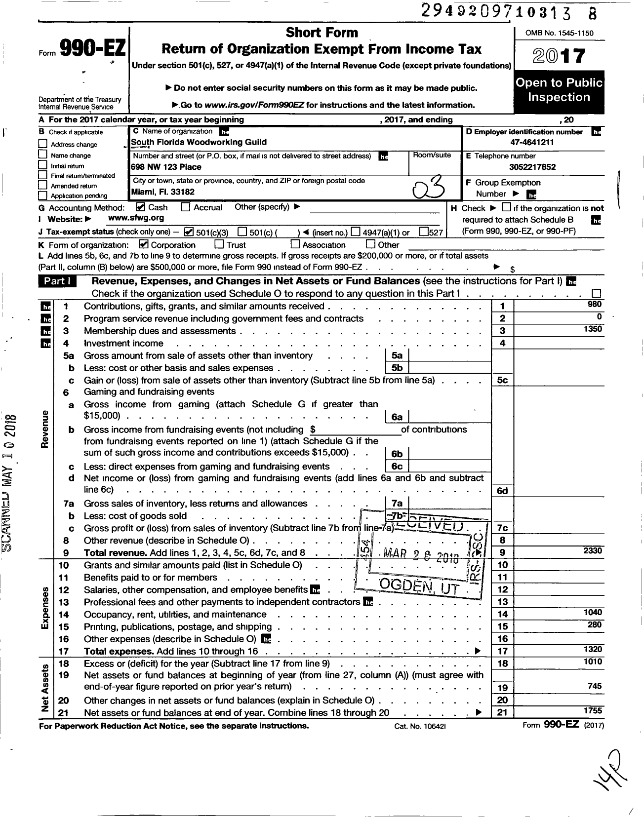 Image of first page of 2017 Form 990EZ for South Florida Woodworking Guild