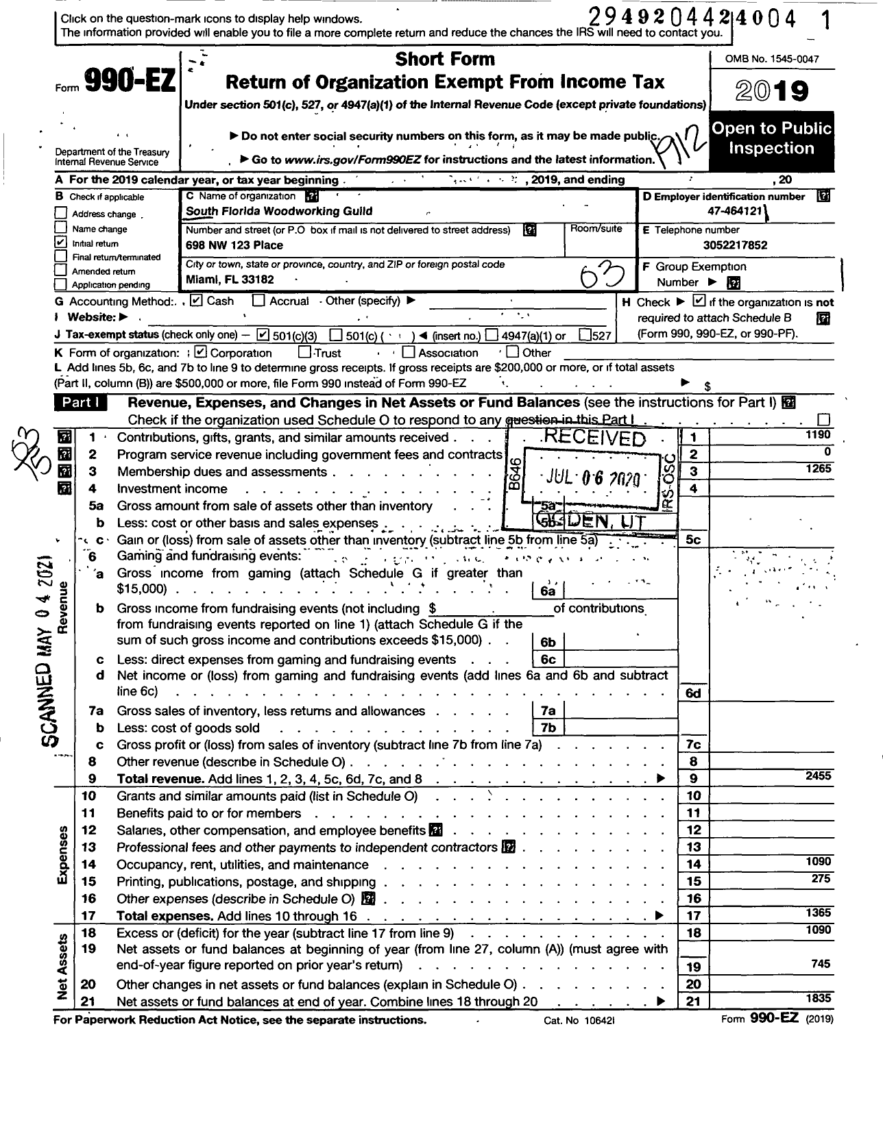 Image of first page of 2019 Form 990EZ for South Florida Woodworking Guild