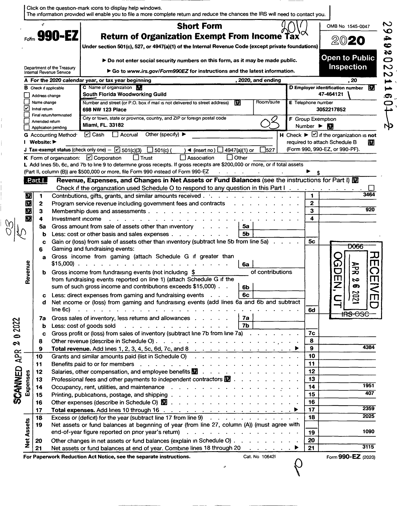 Image of first page of 2020 Form 990EZ for South Florida Woodworking Guild