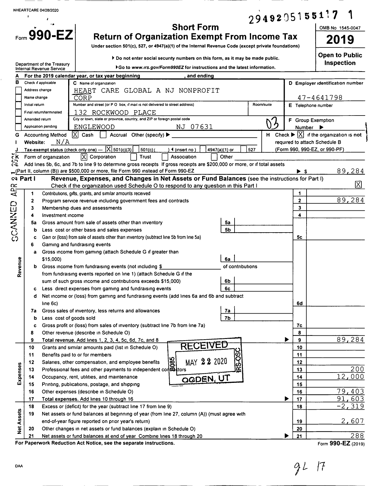 Image of first page of 2019 Form 990EZ for Heart Care Global A NJ Nonprofit Corporation