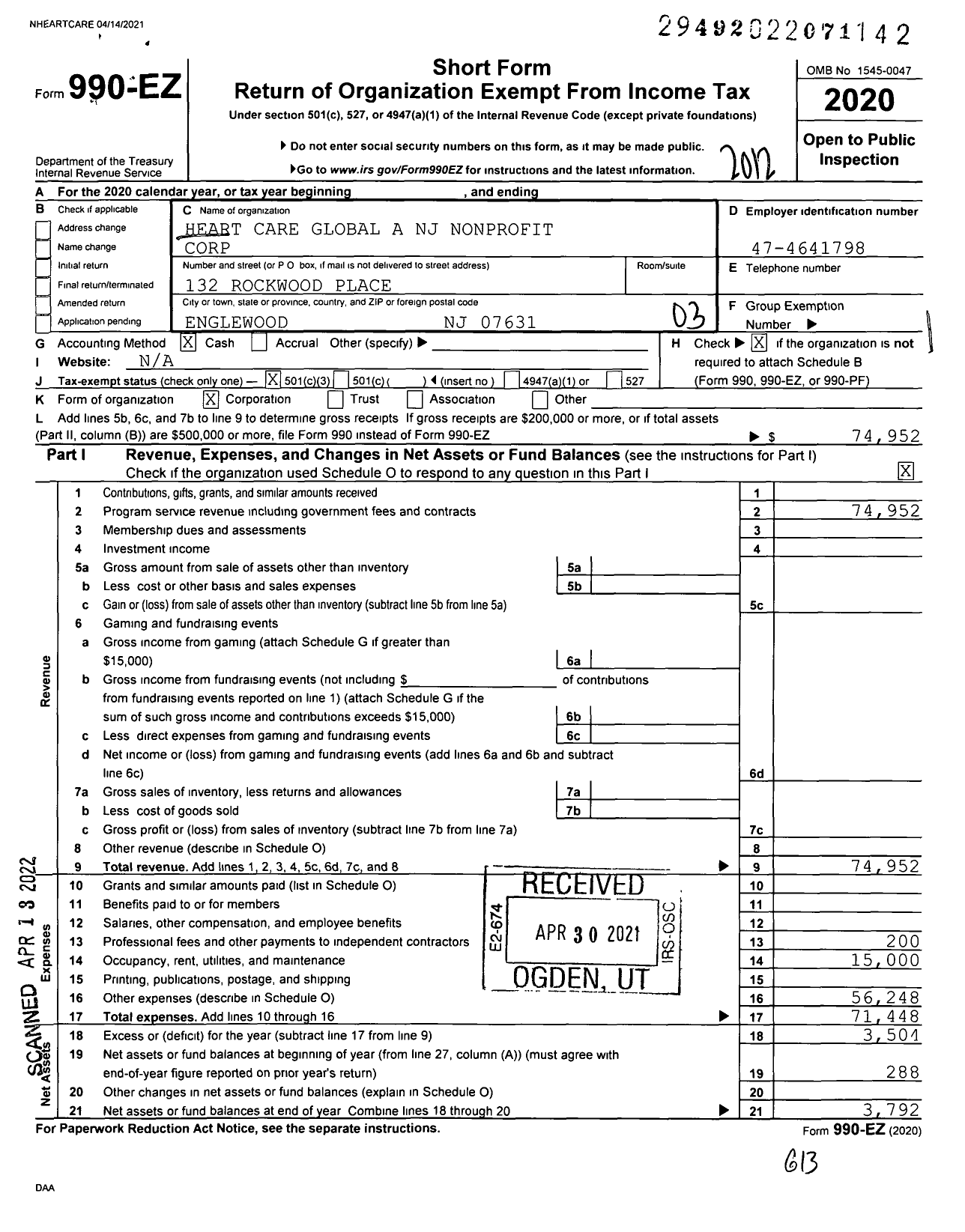 Image of first page of 2020 Form 990EZ for Heart Care Global A NJ Nonprofit Corporation