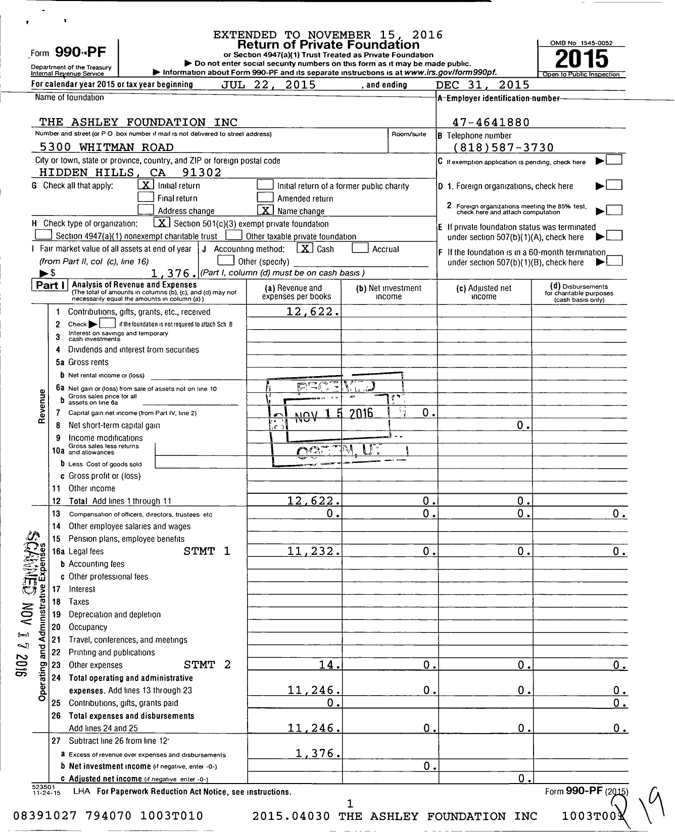 Image of first page of 2015 Form 990PF for The Ashley Foundation