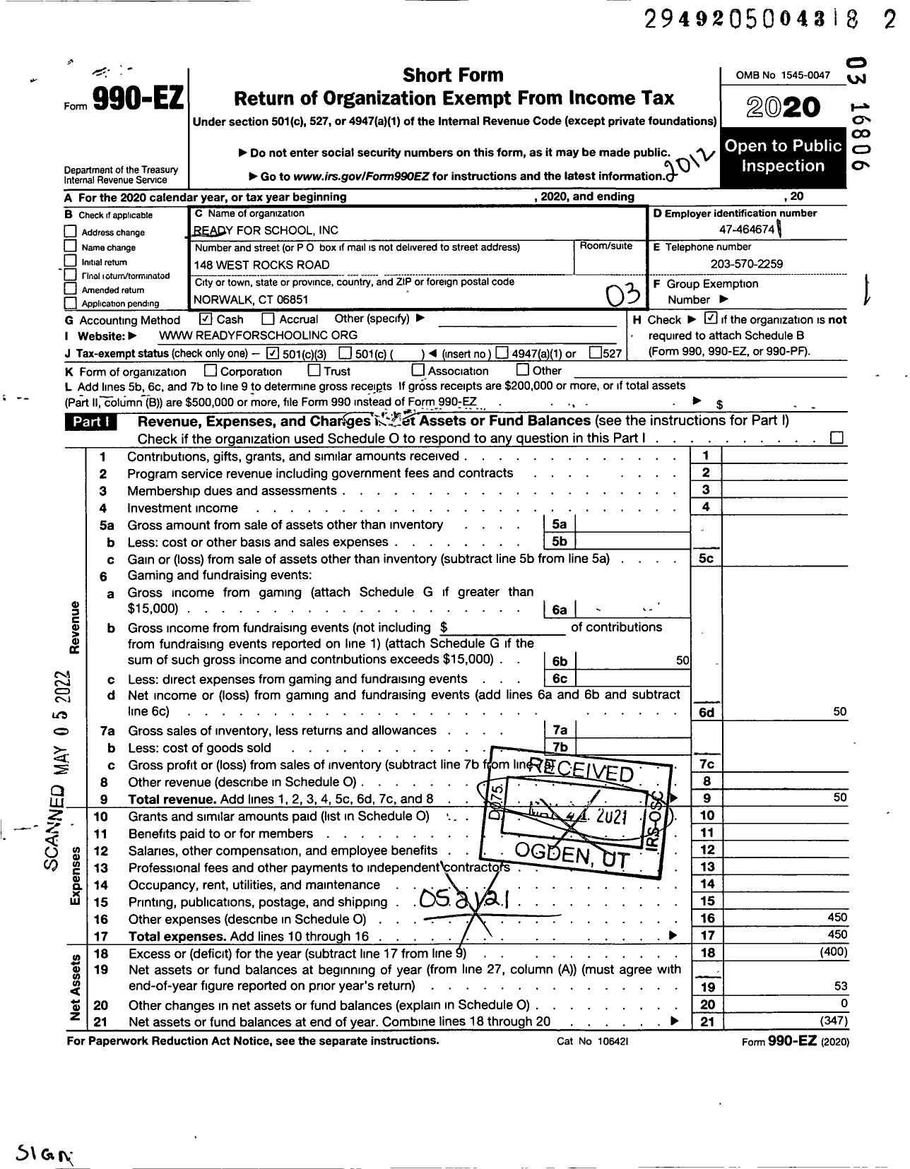 Image of first page of 2020 Form 990EZ for Ready for School / Yessenia Martinez Per Rep