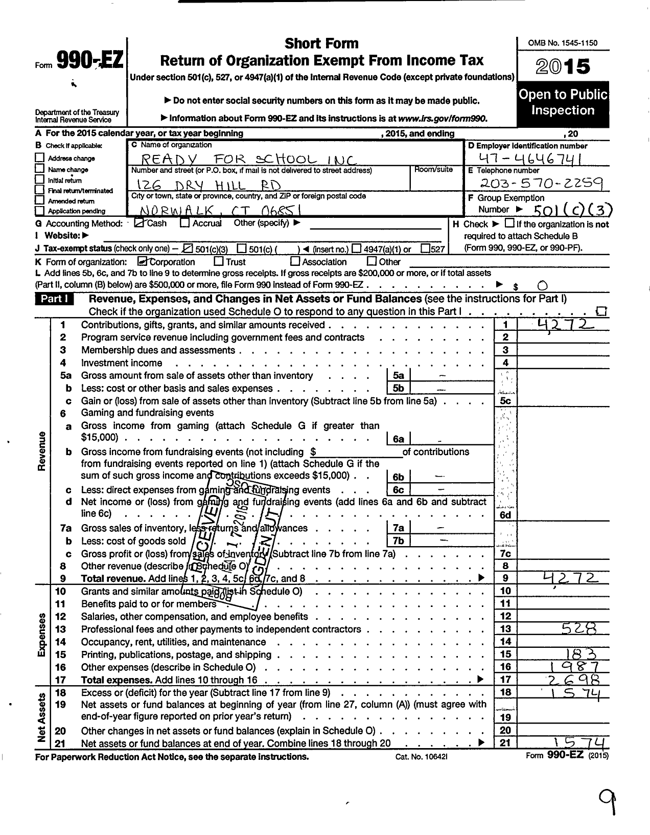 Image of first page of 2015 Form 990EZ for Ready for School / Yessenia Martinez Per Rep