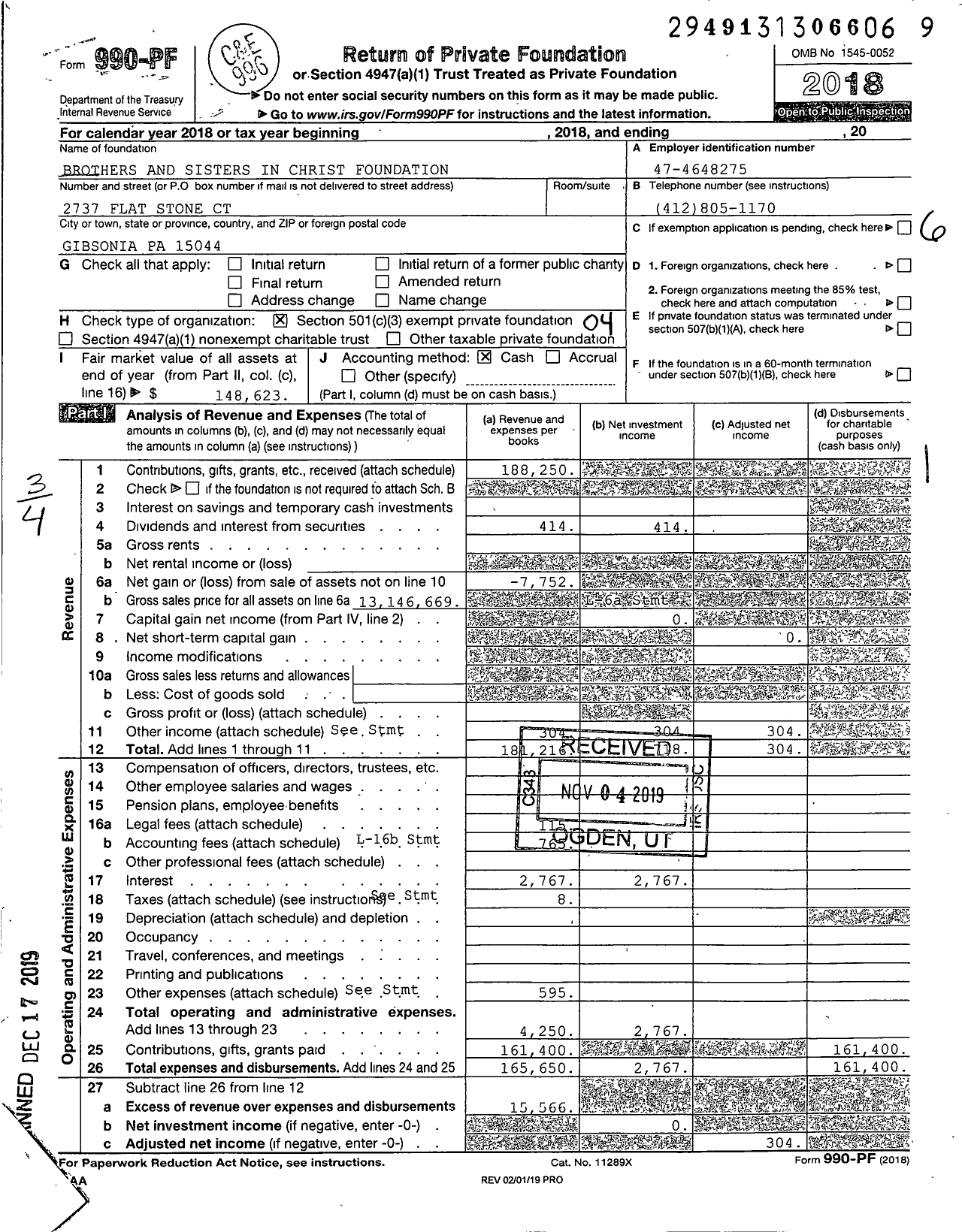 Image of first page of 2018 Form 990PF for Brothers and Sisters in Christ Foundation