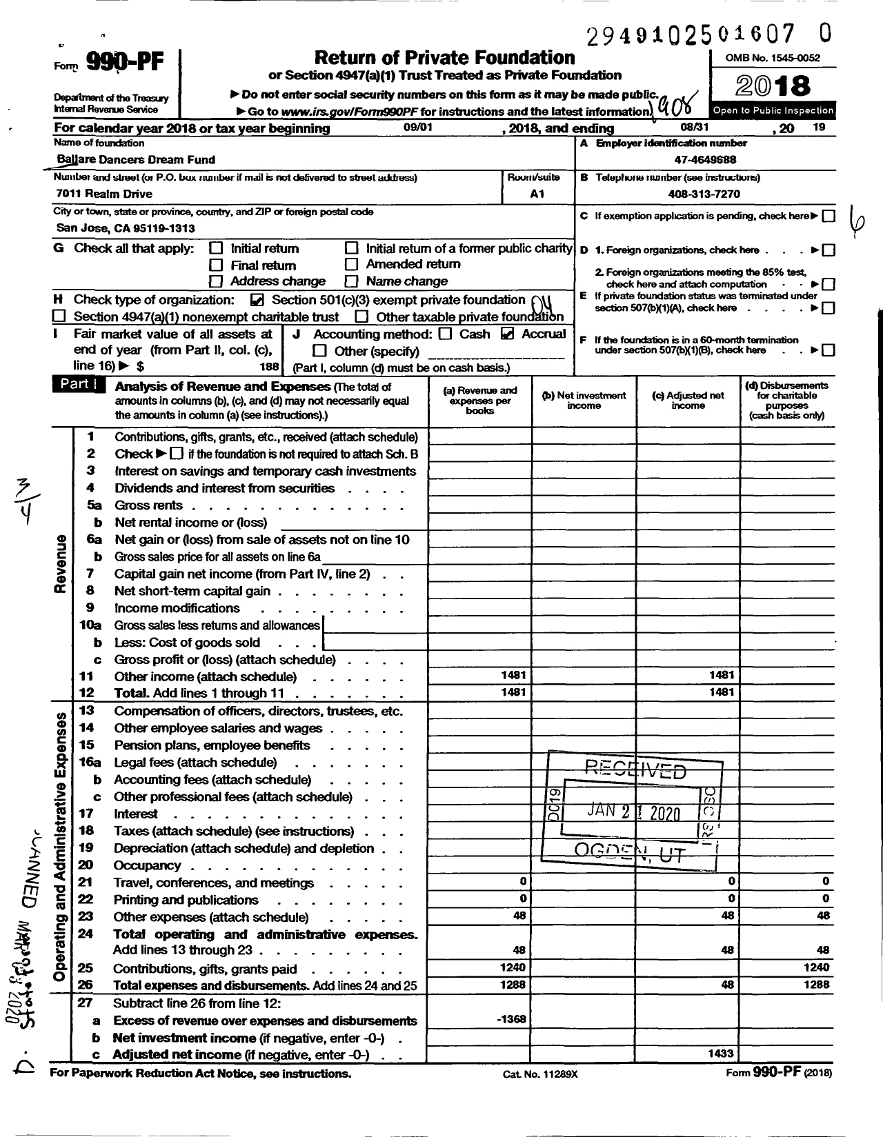 Image of first page of 2018 Form 990PR for Ballare Dancers Dream Fund