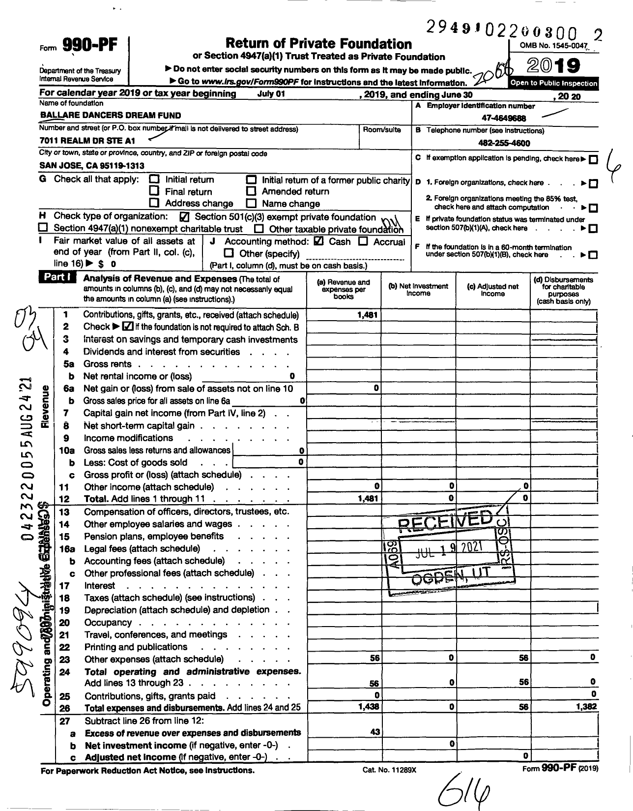 Image of first page of 2019 Form 990PF for Ballare Dancers Dream Fund