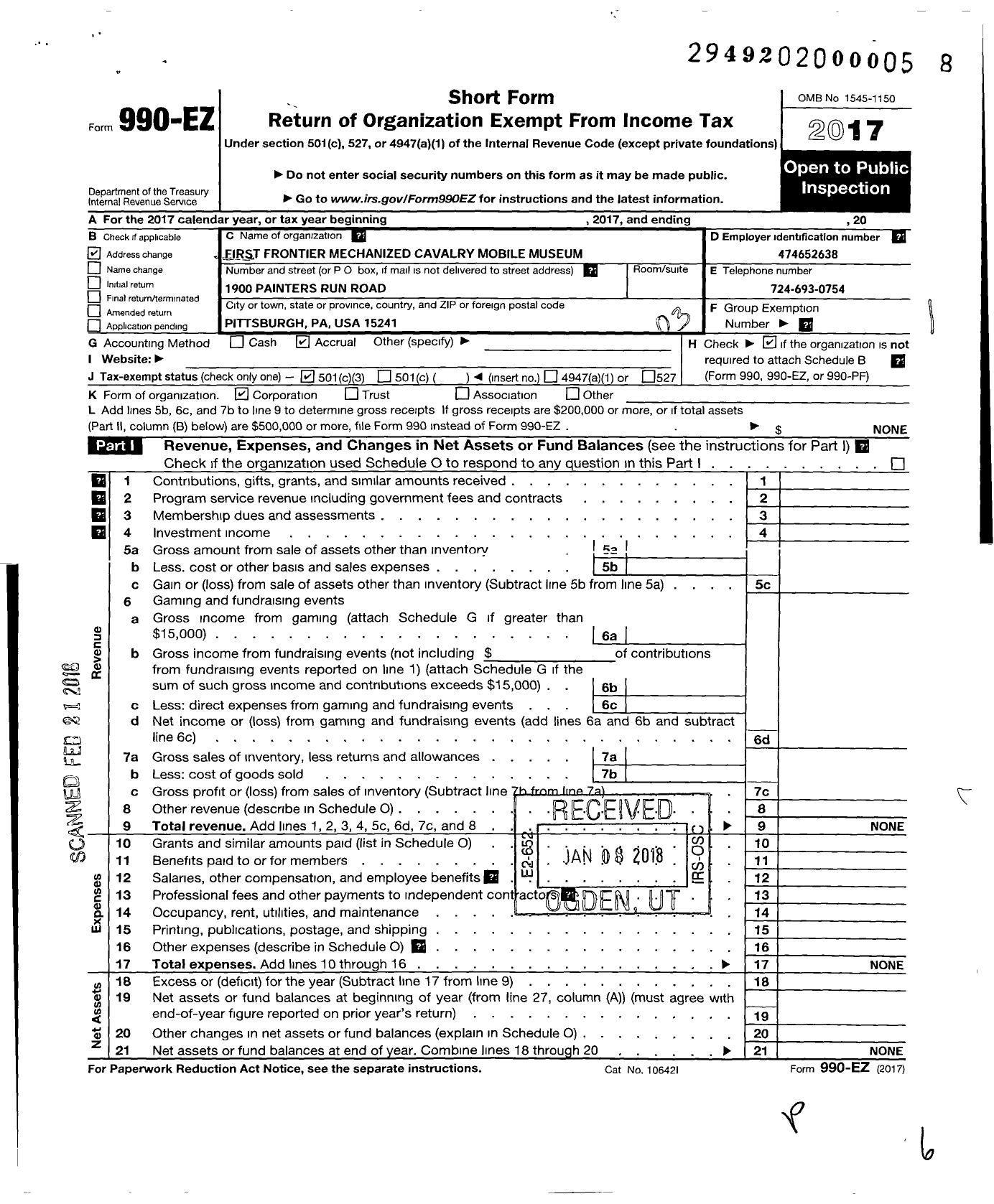 Image of first page of 2017 Form 990EZ for First Frontier Mechanized Cavalry Mobile Museum