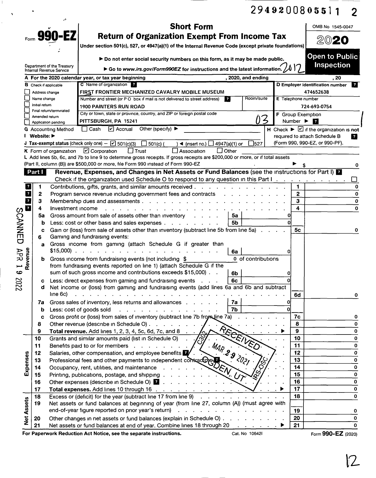 Image of first page of 2020 Form 990EZ for First Frontier Mechanized Cavalry Mobile Museum