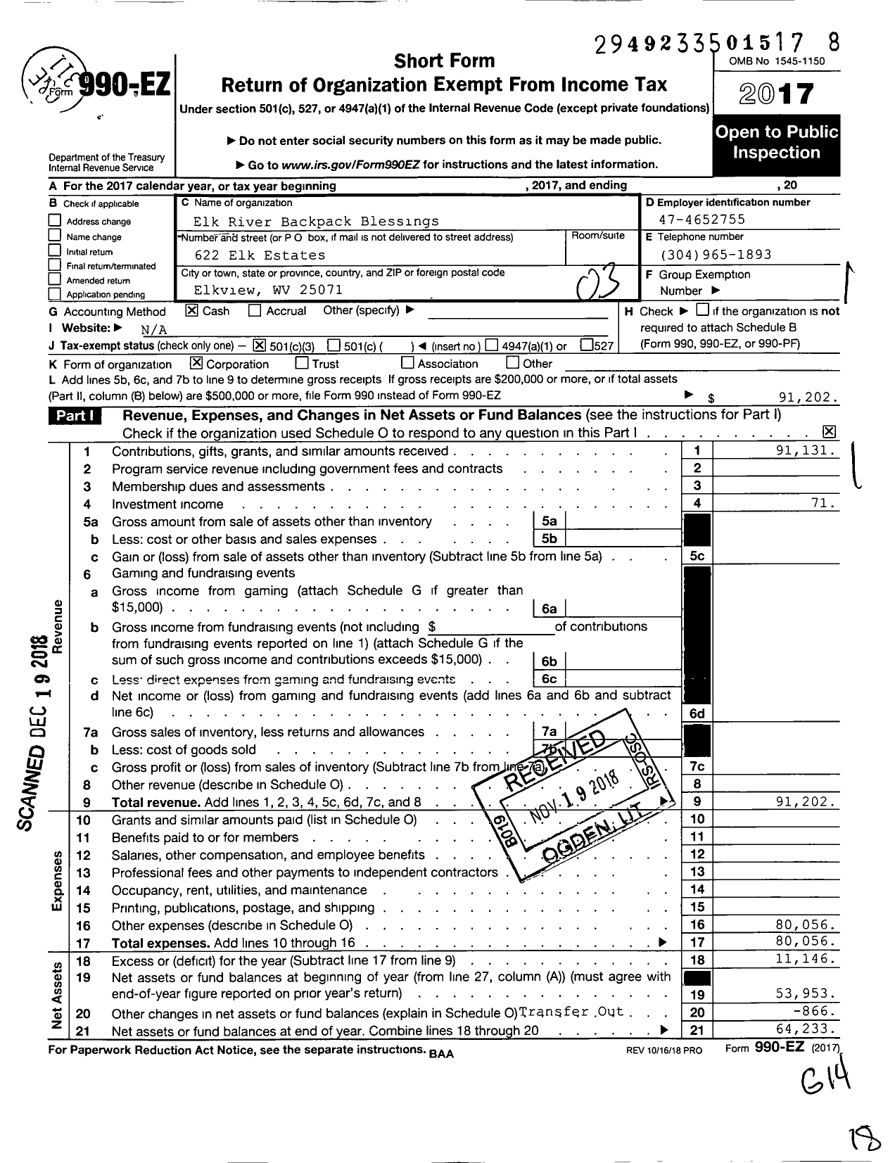 Image of first page of 2017 Form 990EZ for Elk River Backpack Blessings