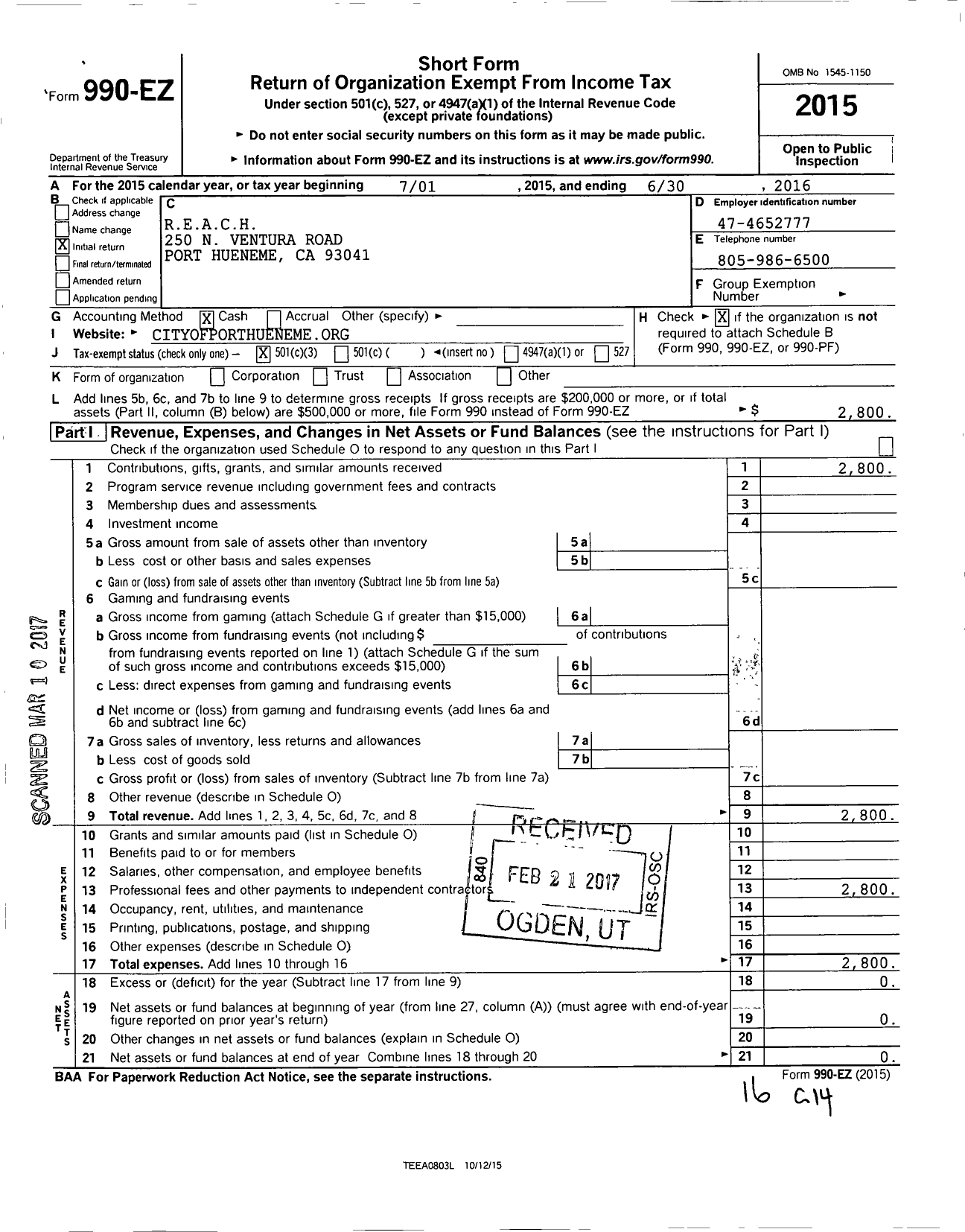 Image of first page of 2015 Form 990EZ for Recreationeducactivitiescultur