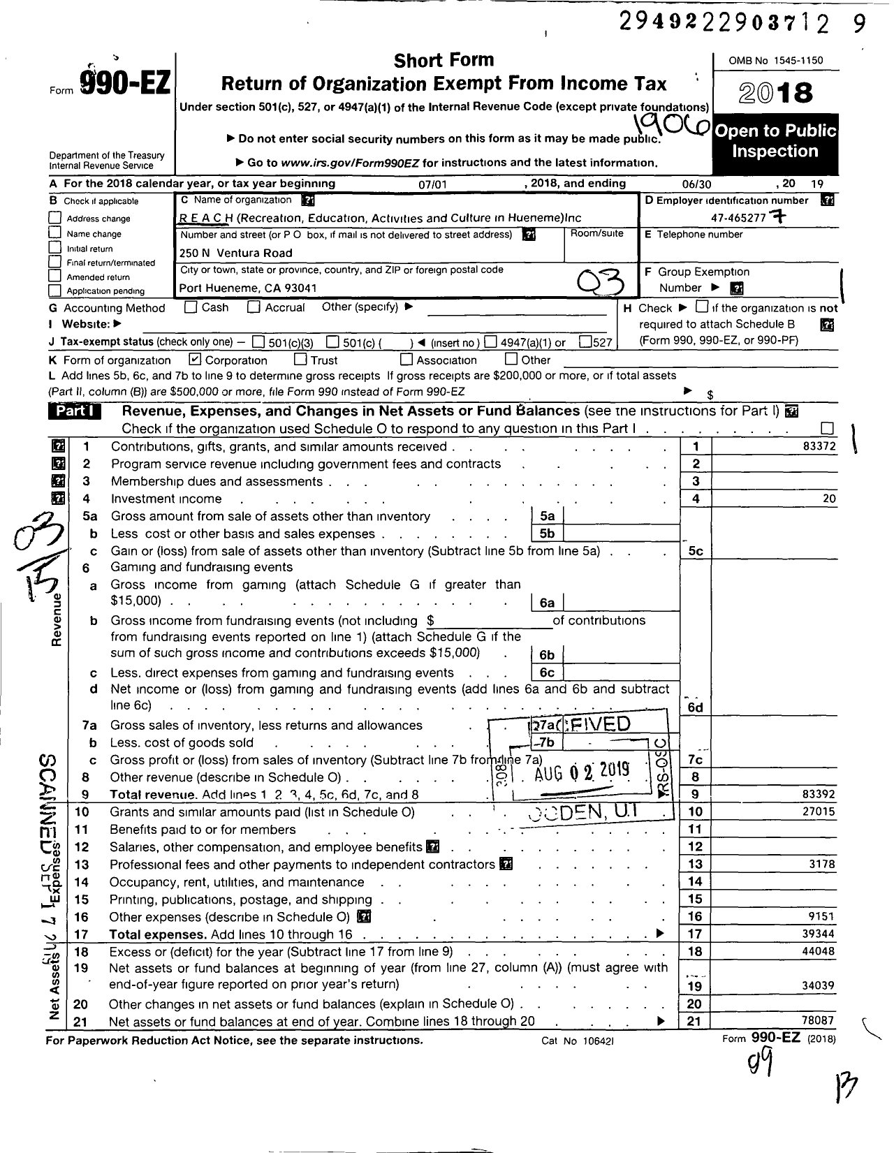 Image of first page of 2018 Form 990EZ for Recreationeducactivitiescultur