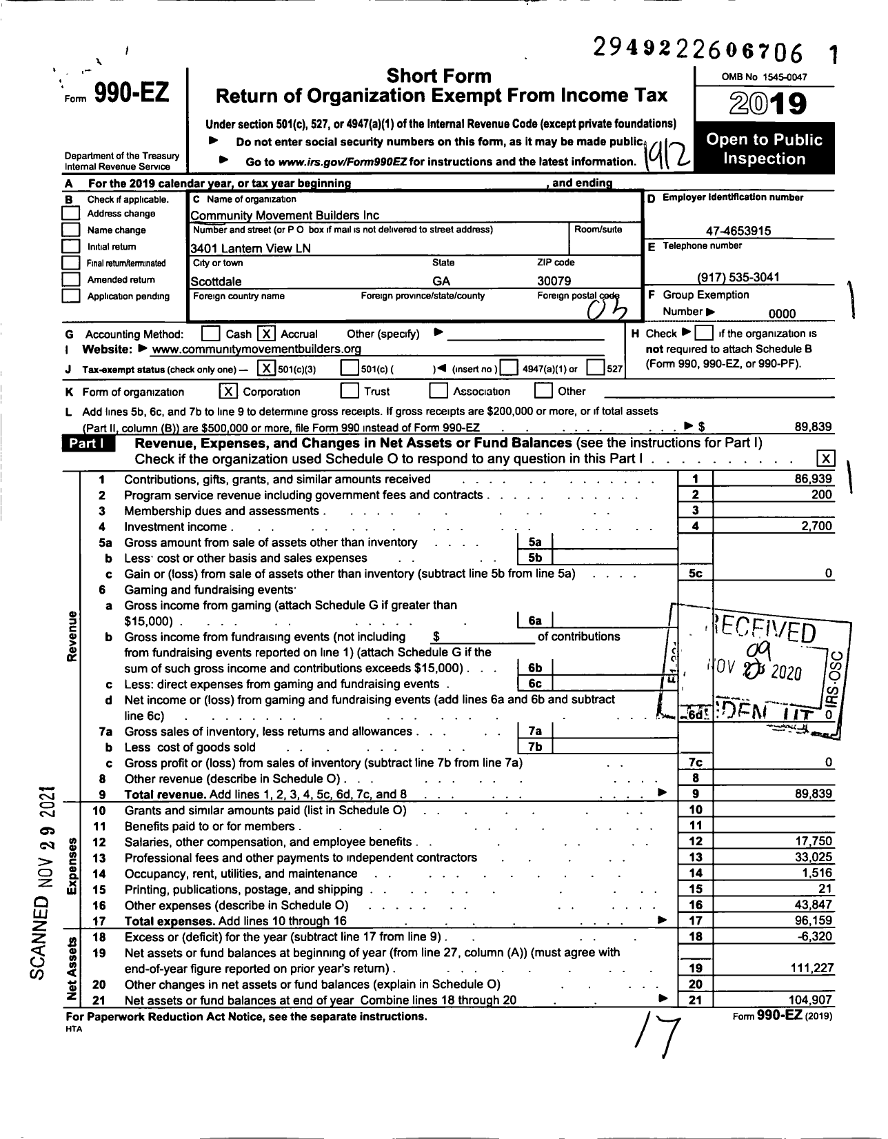 Image of first page of 2019 Form 990EZ for Community Movement Builders