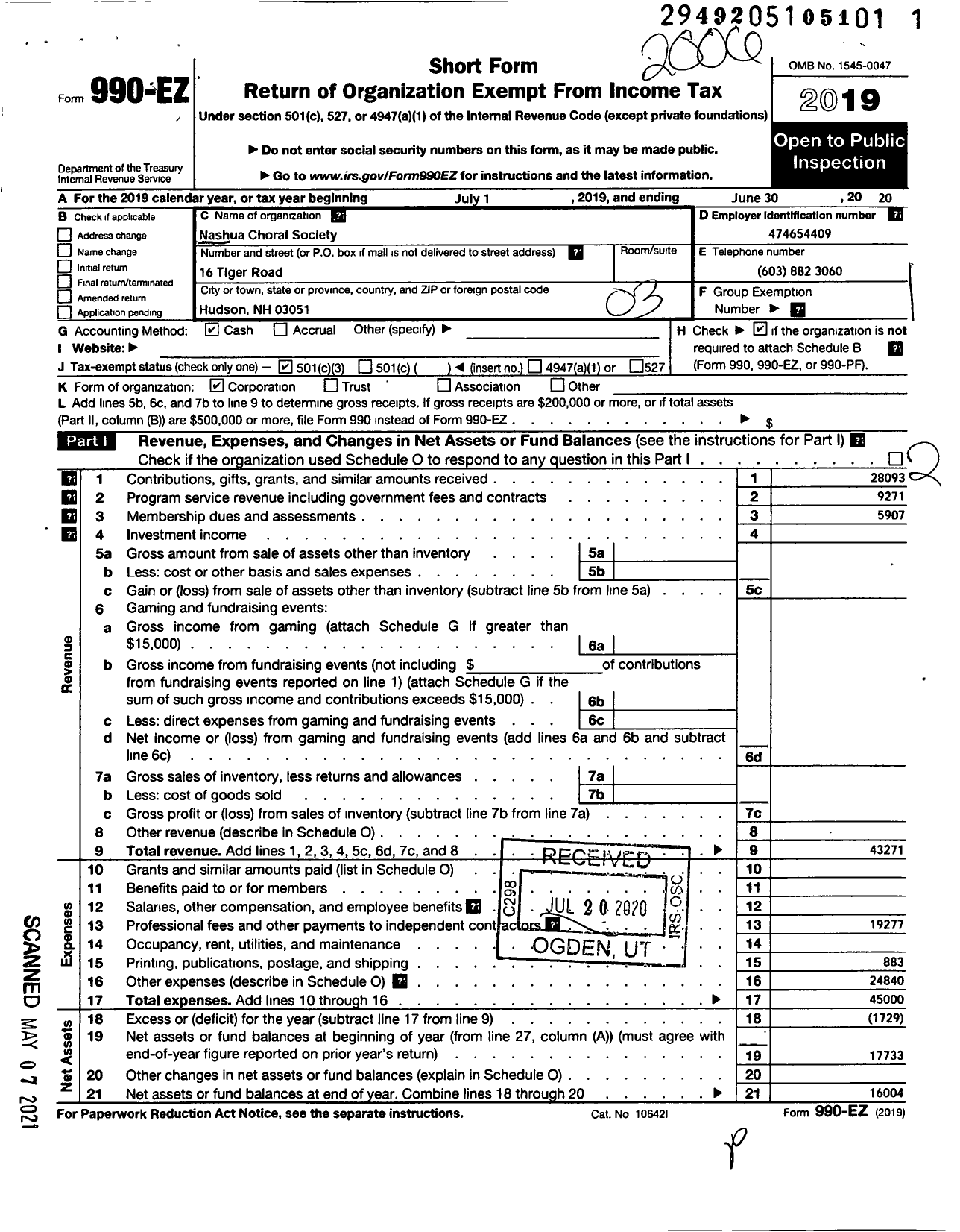 Image of first page of 2019 Form 990EZ for Nashua Choral Society